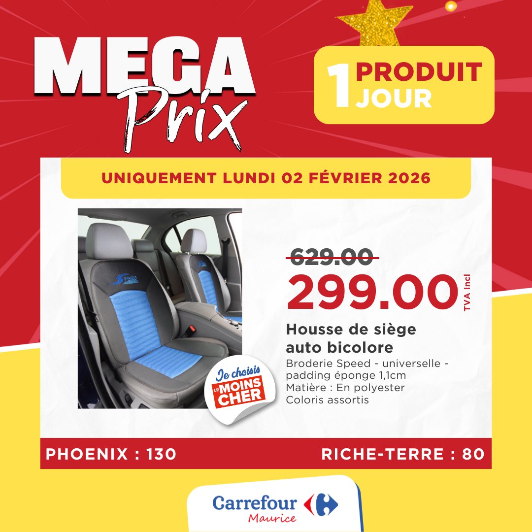 May be an image of ‎text that says "‎1 1 JOUR PRODUIT MECA Prix UNIQUEMENT LUNDI 02 FÉVRIER 2026 -629.00 299.00M בלנ le Housse de siège auto bicolore Speed universelle padding éponge 1,1cm Matière Enp polyester Coloris Colorisassortis assort...