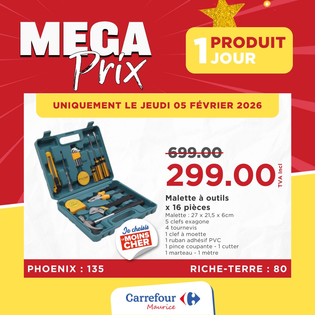 May be an image of text that says "1 1JOUR PRODUIT JOUR PRODUIT MEGA Prix UNIQUEMENT LE JEUDI 05 FÉVRIER 2026 -699.00 299.00 MA ler Malette à à outils pièces Malette Malette:27x21,5x6cm 7×21，5× 6cm clefsexagone 4 tournevis moette ruban adhésif...