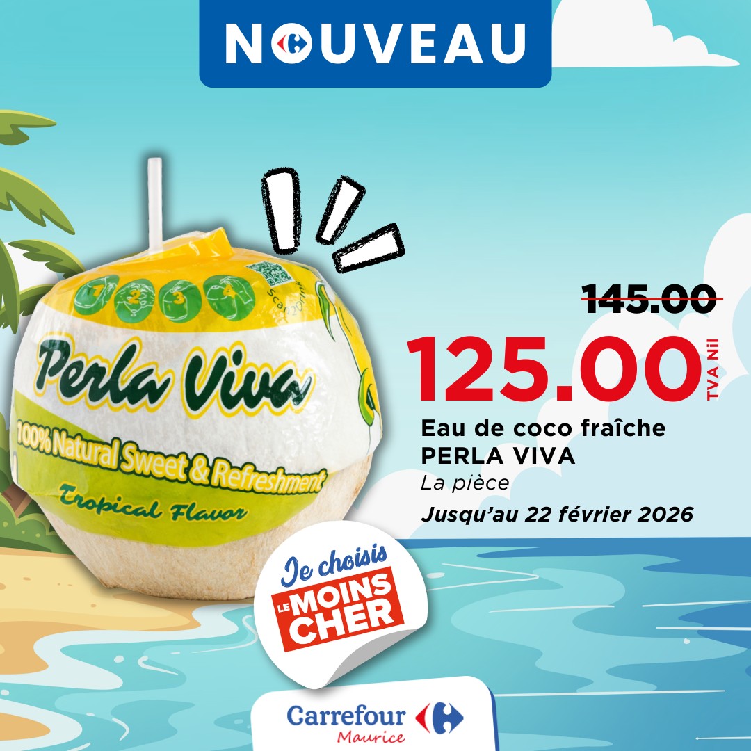 May be an image of ‎text that says "‎N H UVEAU 1 Perla Viva 1003Natural Sweet Refreshment Tropical Flavor 145.00 125.00 שאל ANN Eau de coco fraîche PERLA VIVA La pièce Jusqu'au 22 février 2026 Jechoisis Je MOINS CHER choisis LE Carrefour Maur...