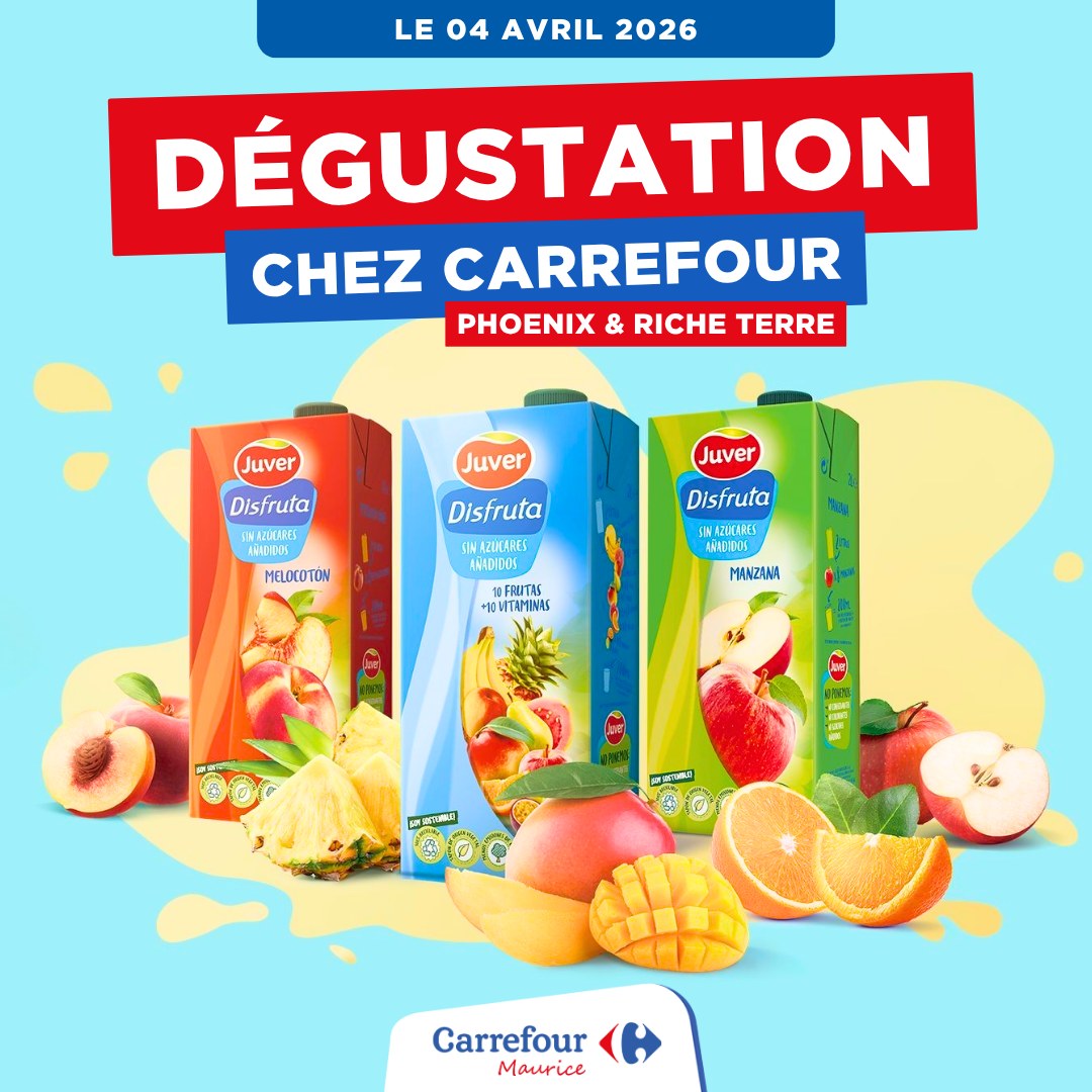 May be an image of text that says "LE 04 AVRIL 2026 DÉGUSTATION CHEZ CARREFOUR PHOENIX & RICHE TERRE Juver Juver Disfruta DNAZWUASES AMAINEOS MELOCOTON Juver Disfruta ЛEς ANDNDOS ESUTUS FRUTUS EWTAMINAS hily Disfruta SMAZUENES 베대가 MANZANA 15 K...