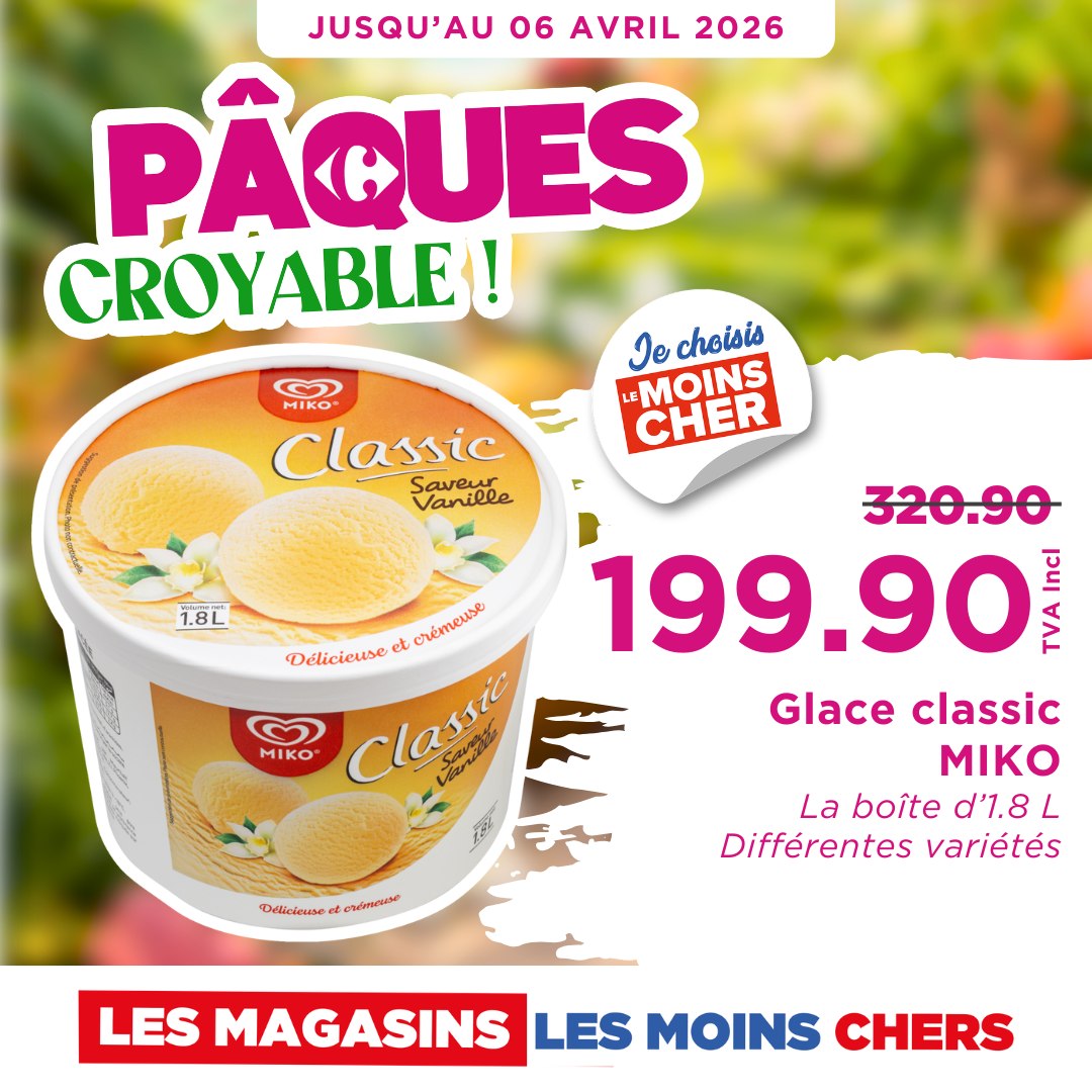 May be an image of ‎text that says "‎JUSQU'AU 06 AVRIL 2026 PÂQUES CROYABLE! MOINS Je choisis CHER MIKO Classic Saveur Vanille 1.8L 320.90 crémeuse crémeuse Délicieuse Delicieuseet t 199.90 lei الل Glace classic MIKO ෆ Classic Varne MIKO L...