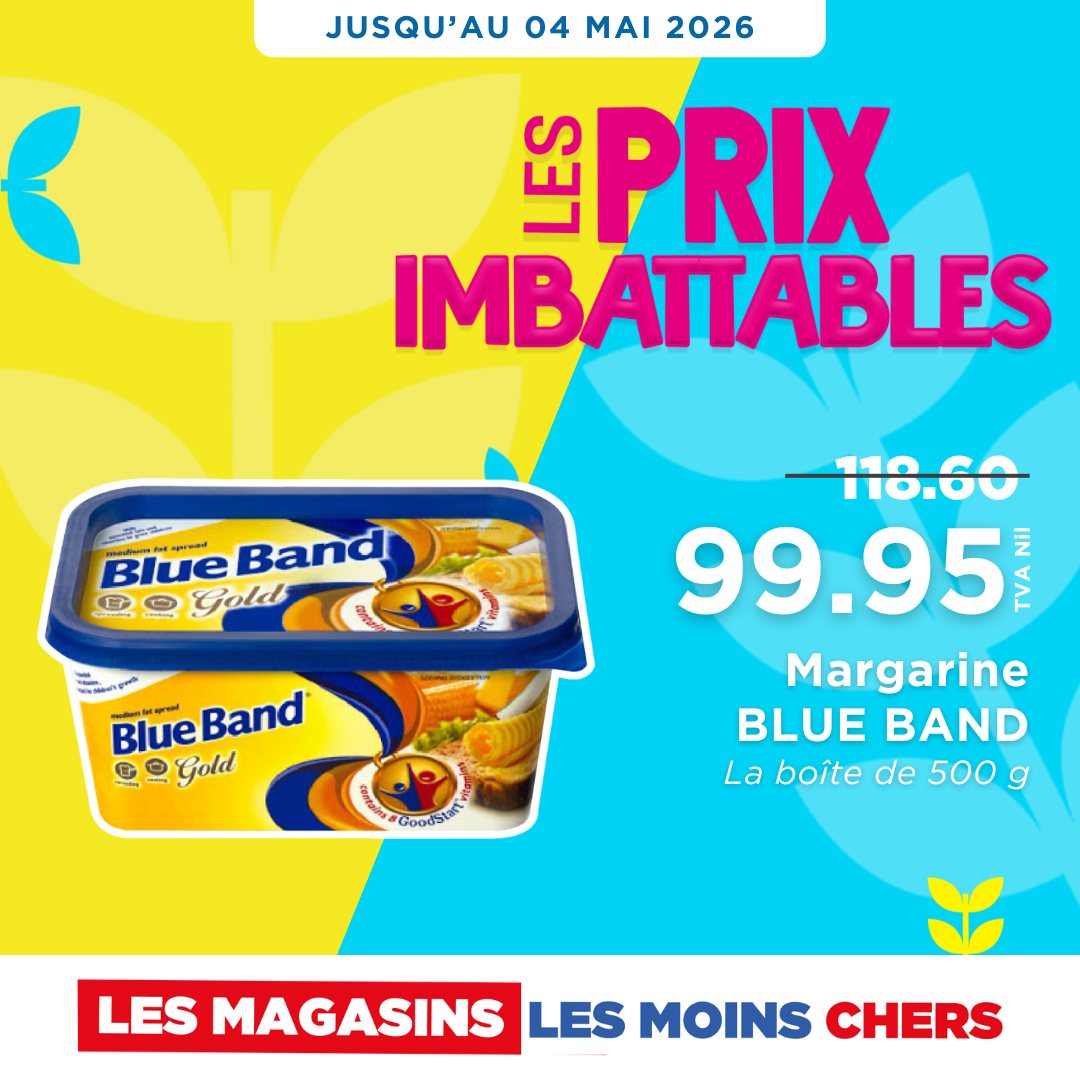 May be an image of ‎text that says "‎JUSQU'AU 04 MAI 2026 Ss PRIX Blue BlueBand 양한 Band Gald ရမမားဝော် Blue Band G Gold 99.95 IN اا Margarine BLUE BAND La boîte de 500 g GoodStan LES MAGASINS LES MOINS CHERS‎"‎