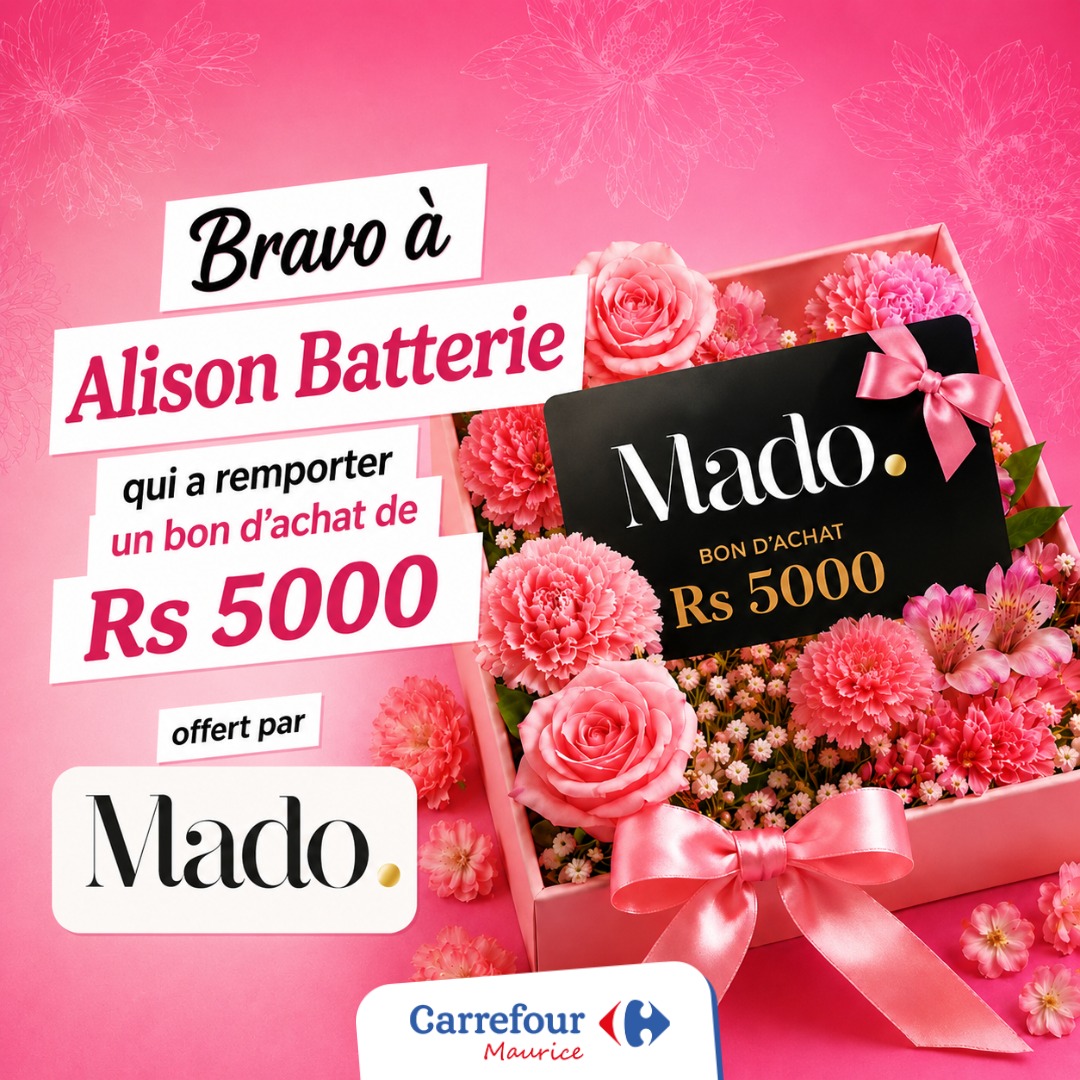 May be an image of text that says "Bravo à Alison Batterie qui a remporter un bon d'achat de Mado. BOND'ACHAT BON ND'ACHAT Rs 5000 Rs Rs5000 5000 offert par Mado. Carrefour Maurice"