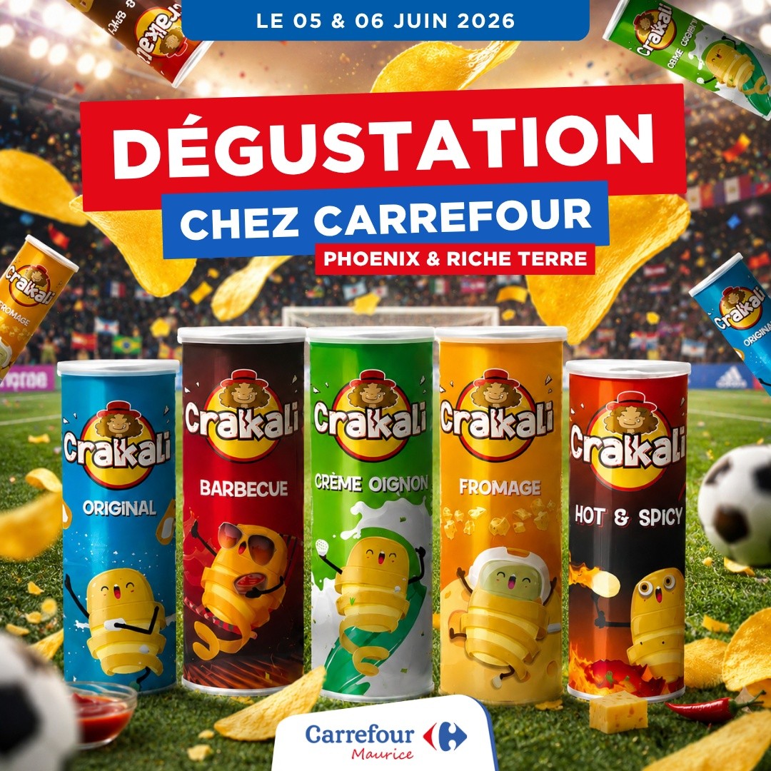 May be an image of text that says "AЖИB កក្លែន LE 05 06 JUIN 2026 craikal ROMAC DÉGUSTATION CHEZ CARREFOUR PHOENIX & RICHE TERRE sgrae cral orakza ORKGIN Cralk Crakkal Crakka ORIGINAL BARBECUE CRÈME OIGNO Crakkali Cralka FROMAGE HOT & S...