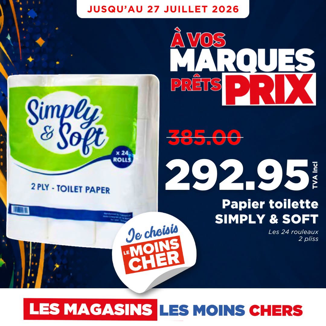 May be an image of text that says "JUSQU'AU 27 JUILLET 2026 VoS MARQUES PRETS PRIX Simply & Soft x24, ROLLS 2PLY- 2PLY-TOILETPAPER 2 TOILET PAPER 385.00 292.95 mи VHA feu Papier toilette SIMPLY SOFT Les Les24rouleaux 24 rouleaux 2 pliss Je choisis MOI...