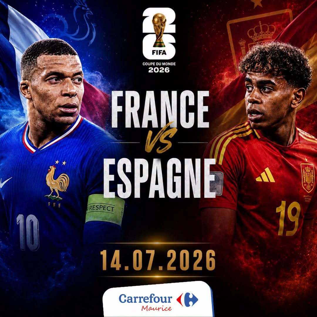 May be an image of text that says "S FIFA COUPEDUMONDE C02026 COUPE MONDE 2026 FRANCE ESPAGNE RESPECT 10 19 14.07.2026 Carrefour Maurice"