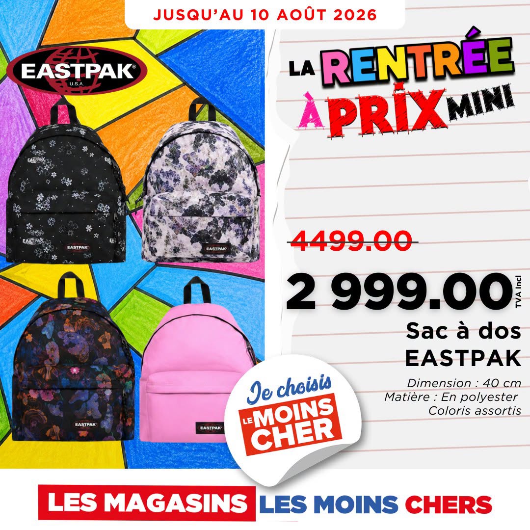 May be an image of text that says "EASTPAK U.SA JUSQU'AU 10 AOUT 2026 LA RENTRÉE APRiX MINI 6A6TPИK" BAЛTPAR BAЛTPaK 4499.00 2 999.00 eu Sac à dos EASTPAK Dimension 40 cm Matière En polyester Coloris assortis 6AЛTPAK Je choisis LE MOINS CHER LES...