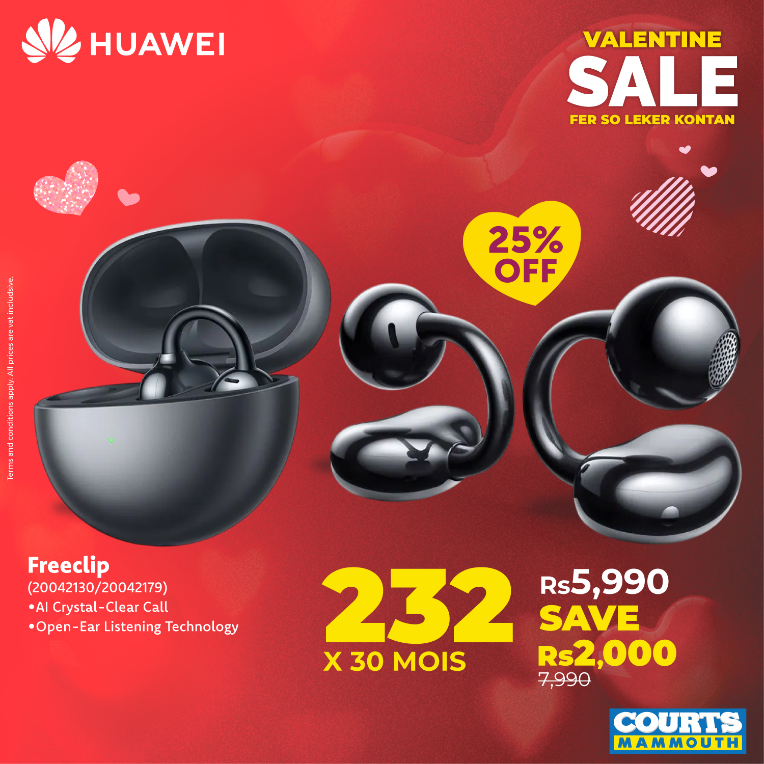 May be an image of text that says "HUAWEI VALENTINE SALE FERSOLEKERKONTAN FER so LEKER KONTAN 25% OFF 글. う Freeclip (20042130/20042179) (20042130 Al Crystal Crystal-Clear -Clear Call •Open-Ear Open-EarListeningTechnology Ear Listening Technology ...