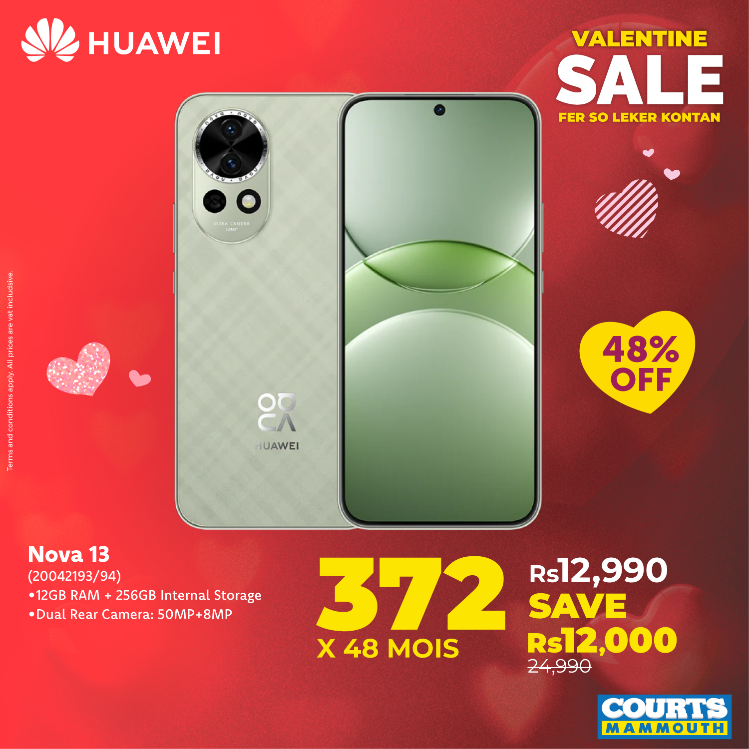 May be an image of phone and text that says "HUAWEI RT VALENTINE SALE FER FERSOLEKERKONTAN so LEKER KONTAN MGANERN CK HUAWEI 48% OFF Nova 13 (20042193/94 3/94) (200421 •12GB 12GBRAM+256GBInternalStorage RAM 256GB Internal Storage •Dual Rear Camera:...