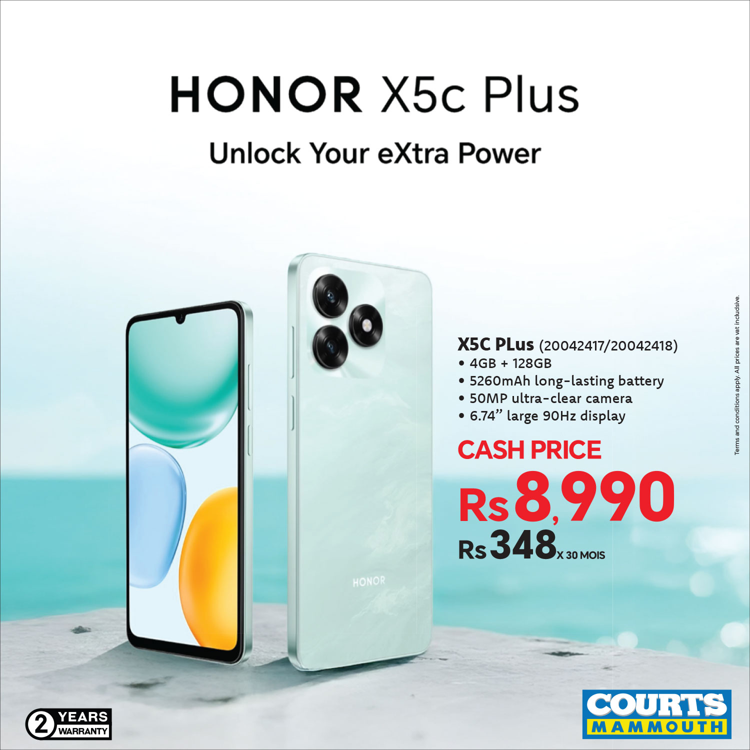 May be an image of phone and text that says "HONOR X5c Plus Unlock Your eXtra Power X5C PLus (20042417/ 20042477/20042418) 4GB 128GB 5260mAh long-lasting 5260mAhlong-lastingbatteg ong-l battery ·50MP ultra-clea -clear caTera 6.74" large 90Hz display C...
