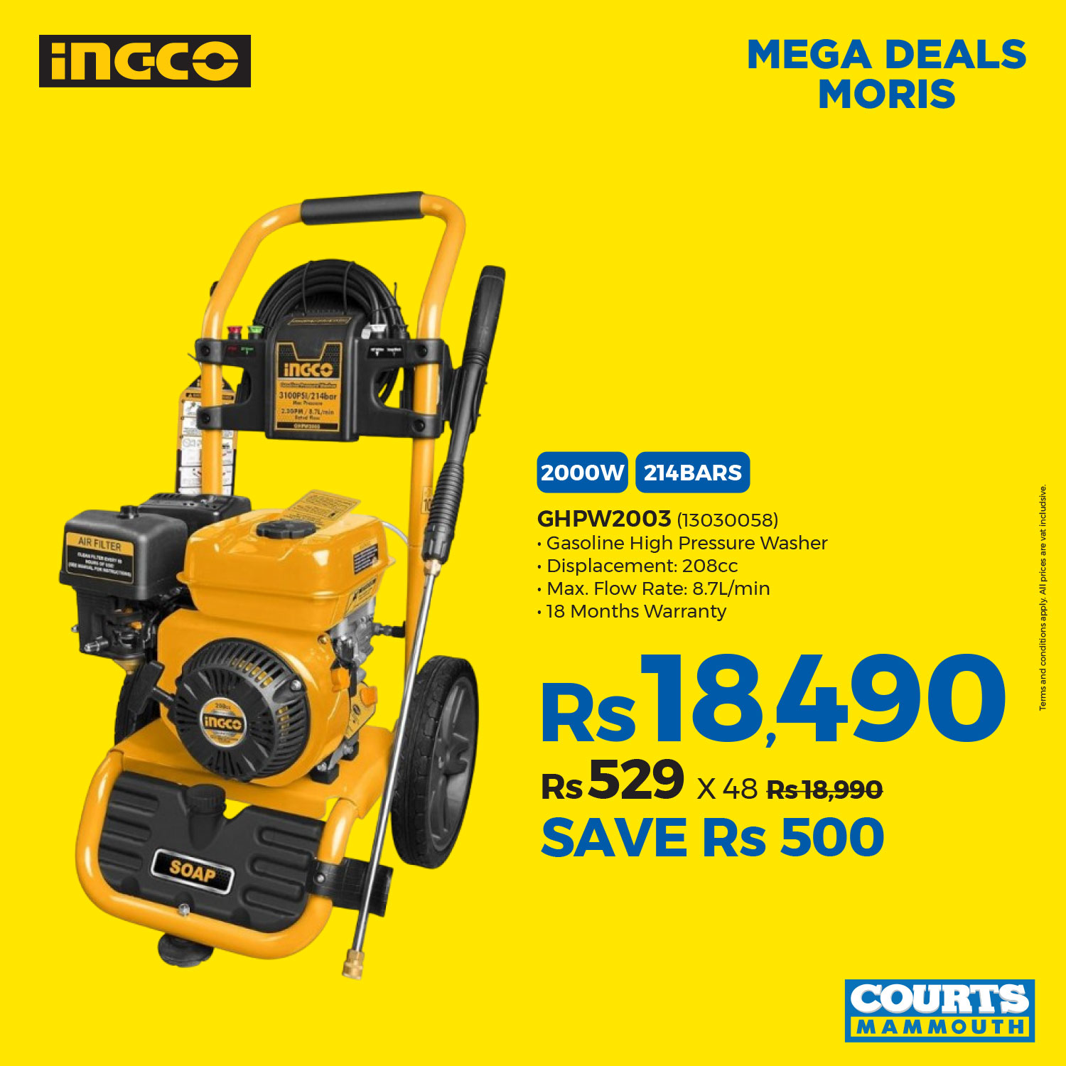 May be an image of ‎text that says "‎inCCO MEGA EGADEALS DEALS MORIS Incco पাज သါပ်ပိးနိံပ M 10 ASFLIER تت 2000W 214BARS CULE inceo GHPW2003 (13030058) Gasoline High Pressure Washer er DIsplacement:2 nent: 208CC Displa...