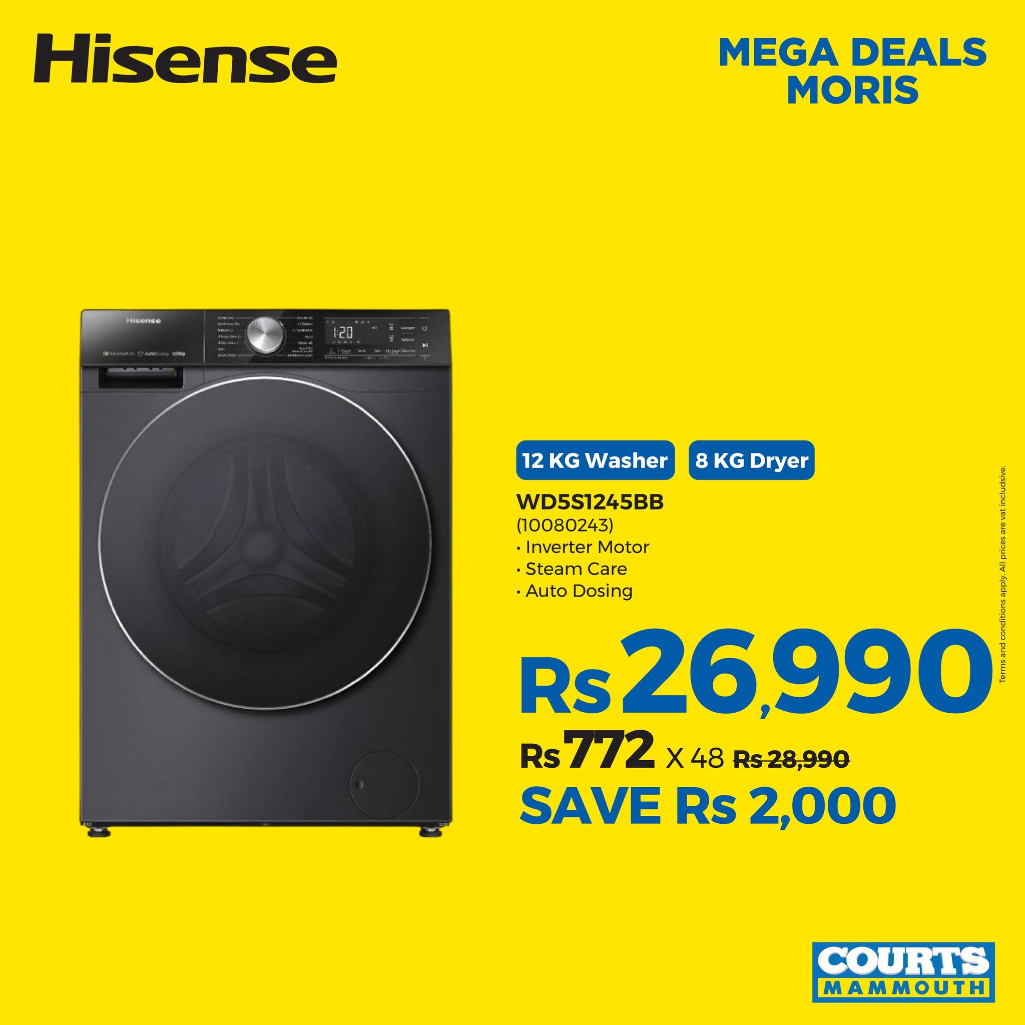 May be an image of water heater and text that says "Hisense MEGA DEALS MORIS kaasan KG Dryer 12 12KGWasher KG Washer WD5S1245BB n0B0243) ·Inverter nverterMotor Motor Steam Care ·AutoDosing .Auto Dosing RS 26,990 Rs 772 x 48 Rs28,990 SAVE Rs SAVERs2,0...