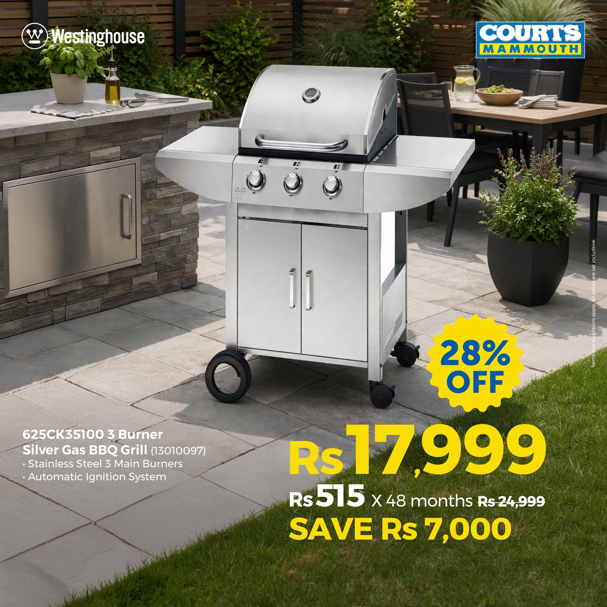 May be an image of text that says 'Westinghouse COURTS MAMMOUTH 11 28% OFF 625CK35100 3Burner 625CK351003Burner 3 Silver Gas B Grill (13010097) Steel Main Burners •Automatic AutormaticlgnitionSystem Ignition System Rs 17,999 Rs 515 X 48 months Rs24,9...