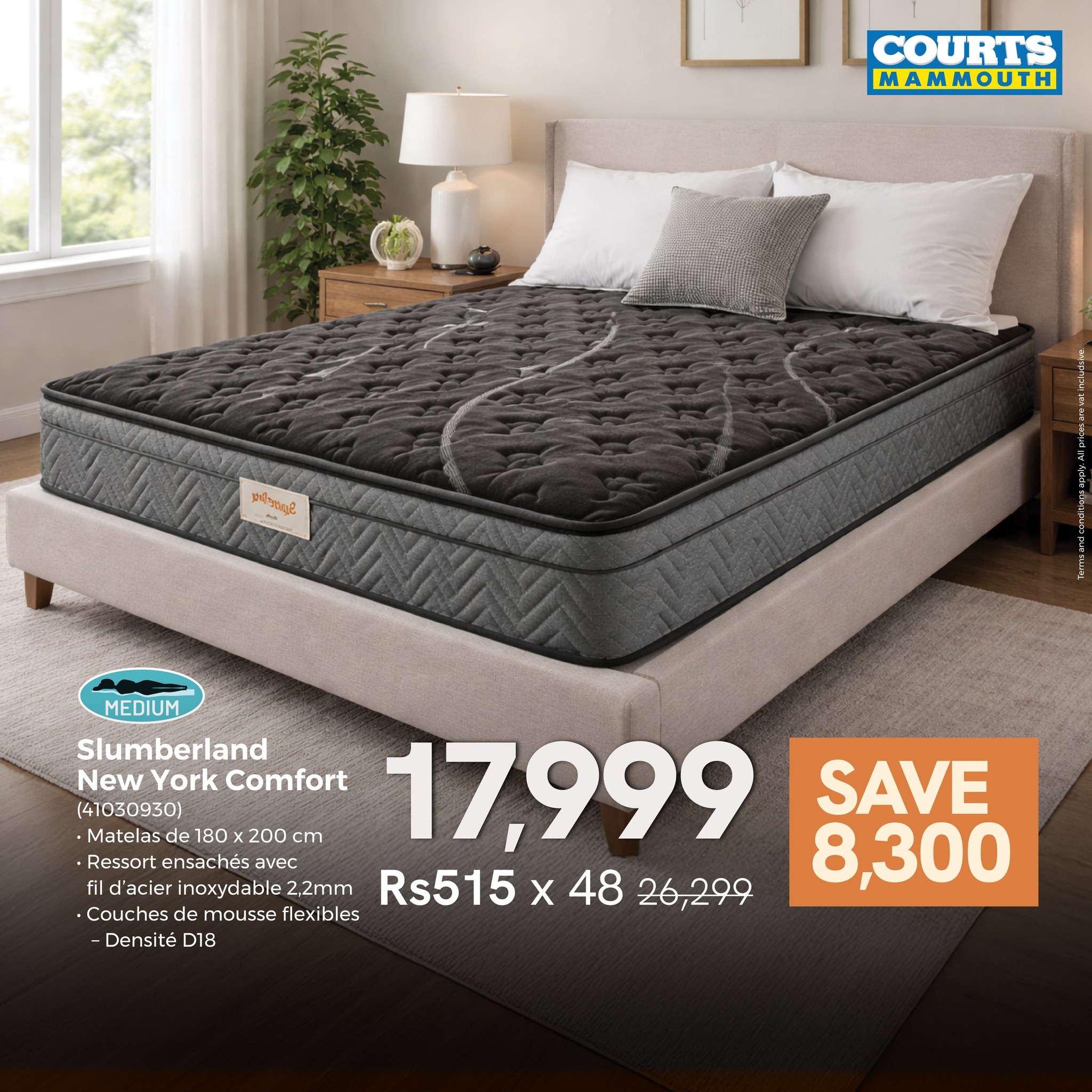 May be an image of bedroom and text that says "COURTS MAMMOUTH WT S บรีทช MEDIUM Slumberland New York Comfort (41030930) ·Matelas Matclasde180x200cm del 180 200 cm 17,999 Ressort ensachés avec 'acier cierinoxydable2,2mm inoxydable 2,2mm Rs5...