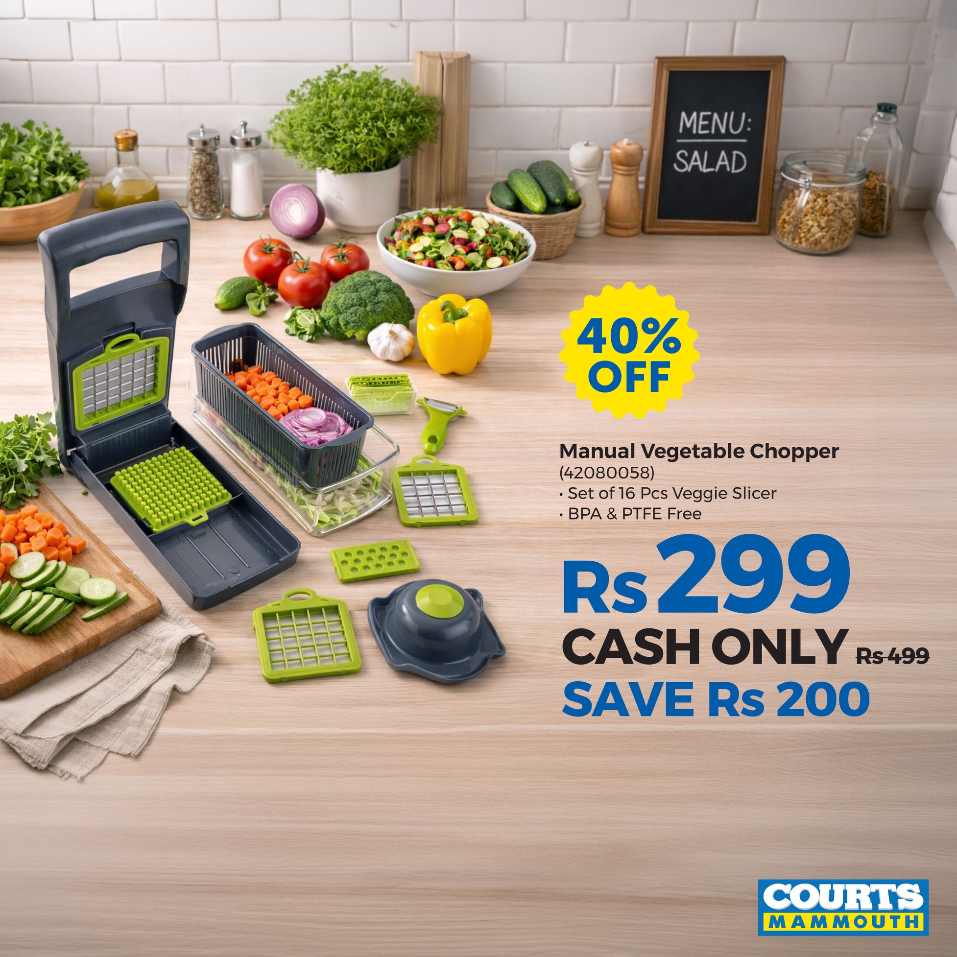 May be an image of text that says 'MENU: SALAD IIT 40% OFF Manual Vegetable Chopper (4208005B) Set of16 Pcs Veggie Slicer BPA & PTFE Free Rs 299 CASH ONLY Rs499 SAVE Rs 200 COURTS ΜΑΜΜΟυΤΗ'