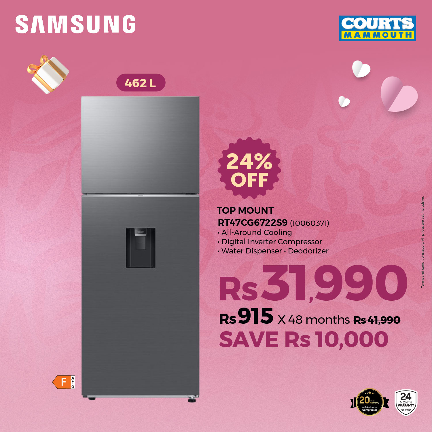 May be an image of water heater and text that says "SAMSUNG COURTS MAMMOUTH 462L 462L L 24% OFF TOP TOPMOUNT MOUNT RT47CG6722S9 (10060371) All-Around Cooli ling Digital Inverter Compressor Water Dispenser Deodorlzer Rs s31,990 Rs 915 x 48 months Rs41,9...