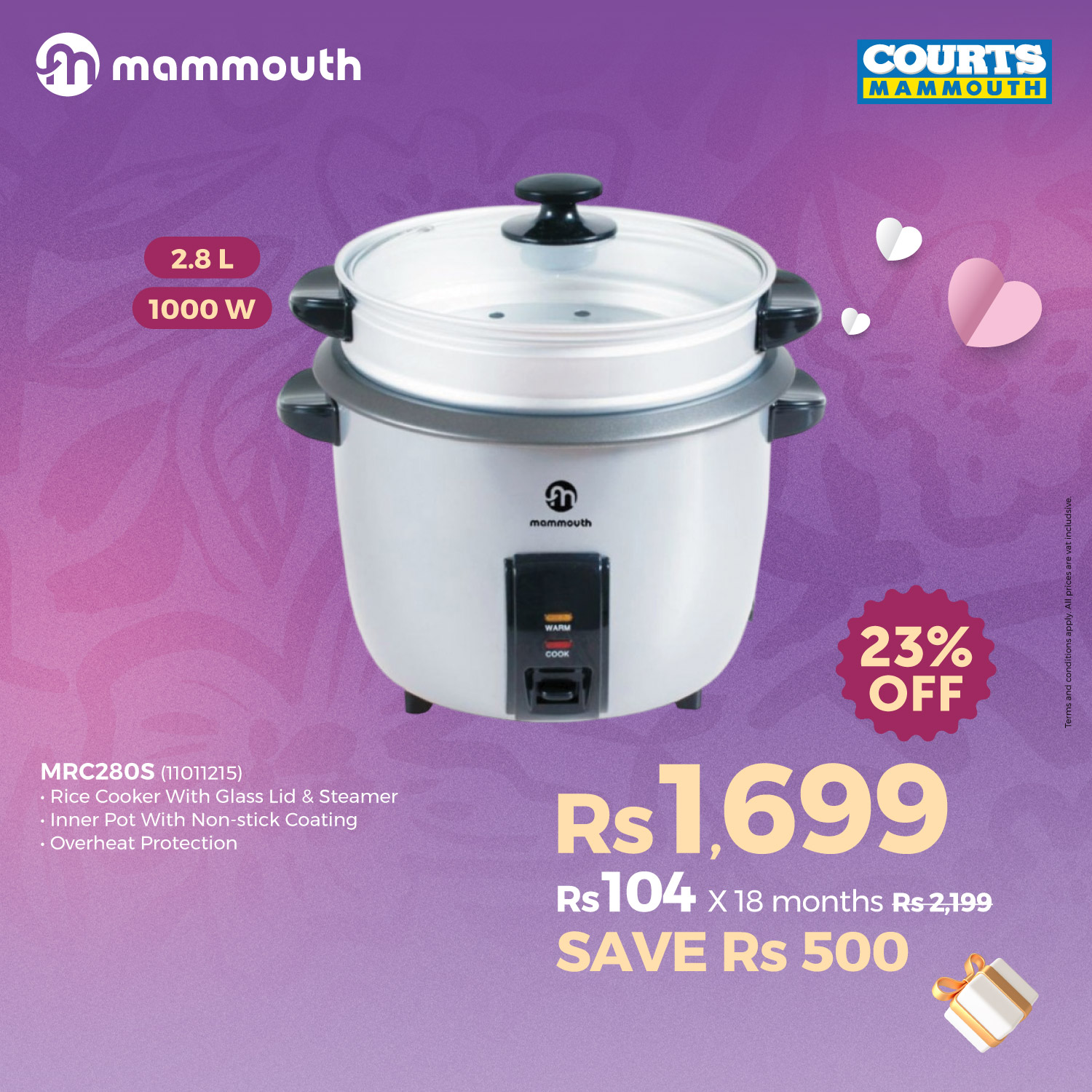 May be an image of text that says "M mammouth COURTS ΜΑΜΜυTΗ 2.8L L 1000 1000W w จา mammouth WARM COOK OR MRC280S (11011215) ·Rice Cooker With Glass RiceCOookerWithGlassLid&Steame Lid Steamer ·Inner Pot With Non Non- stick Coating Overheat ...