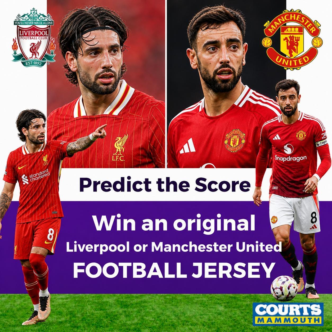 May be an image of American football, football and text that says "л4ИE GLKALONE LIVE VERPOOL POO EST-1892 PIANCHESTR ን UNITED al Snapdragon Predict the Score Win an original Liverpool or Manchester United FOOTBALL JERSEY COURTS ΜΑΜΜΟυΤΗ"