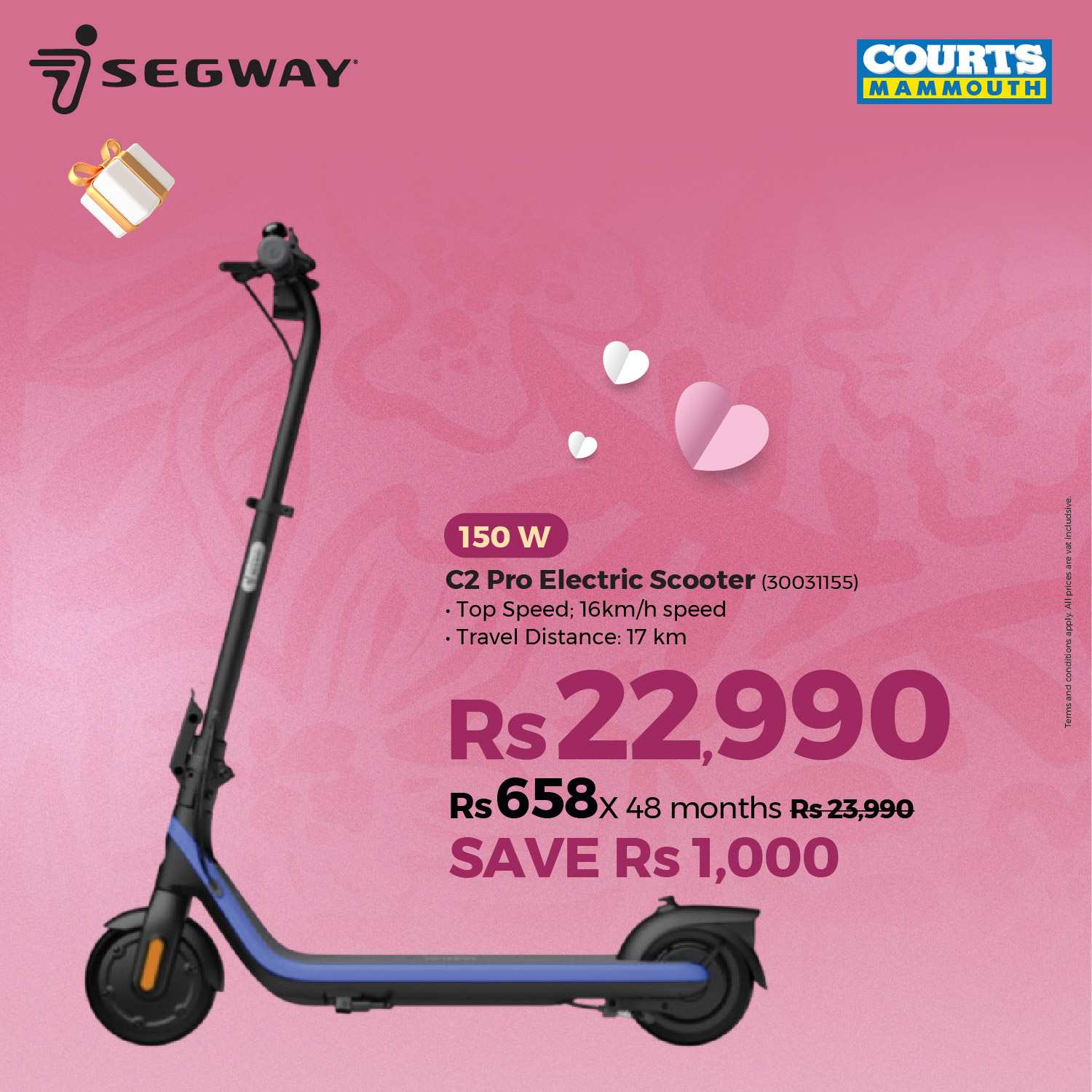May be an image of segway, scooter and text that says "SEGWAY COURTS MAMMOUTH 150 150W w C2 C2ProElectricScooter Pro Electric Scooter (30031155) .Top Speed: 16km/h TopSpeed:16km/hspee speed Travel Distance: 17 km Rs 22,990 Rs 658× 48 months Rs23,990 S...
