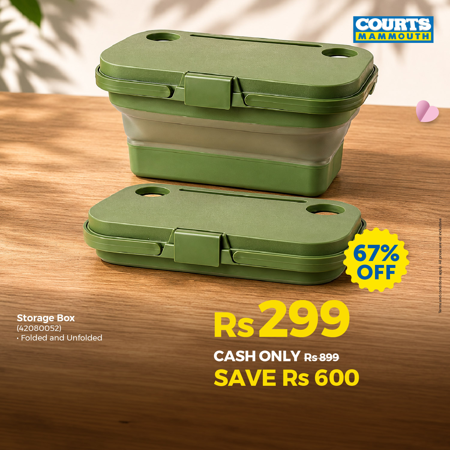 May be an image of text that says "COURTS ΜΑΜΜΟυΤΗ Storage StorageBo Box (42080052) ·FoldedandUnfolded ·Folded and Unfolded 67% OFF Rs 299 CASH CASHONLYR5899 ONLY Rs-899 SAVE SAVERs600 Rs 600"