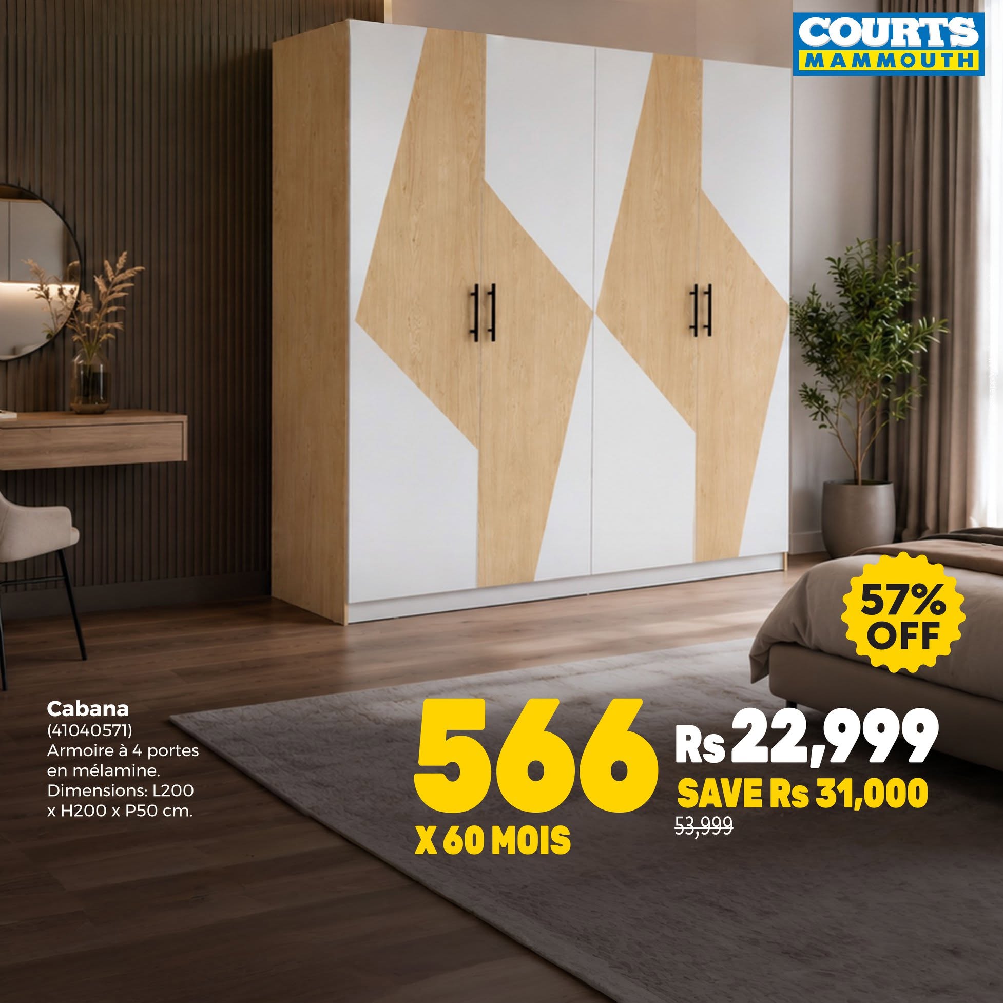 May be an image of sliding door and text that says "COURTS MAMMOUTH Cabana (47040571) Armairea partes melamine. Dimensions:L2 Dimensions:L200 200 xH200xP50cm. P50 m. H200 57% OFF 566R=22,999 Rs Rs22,999 566 SAVE SAVERs31,000 Rs 31,000 X60MOIS χ X60 MO...