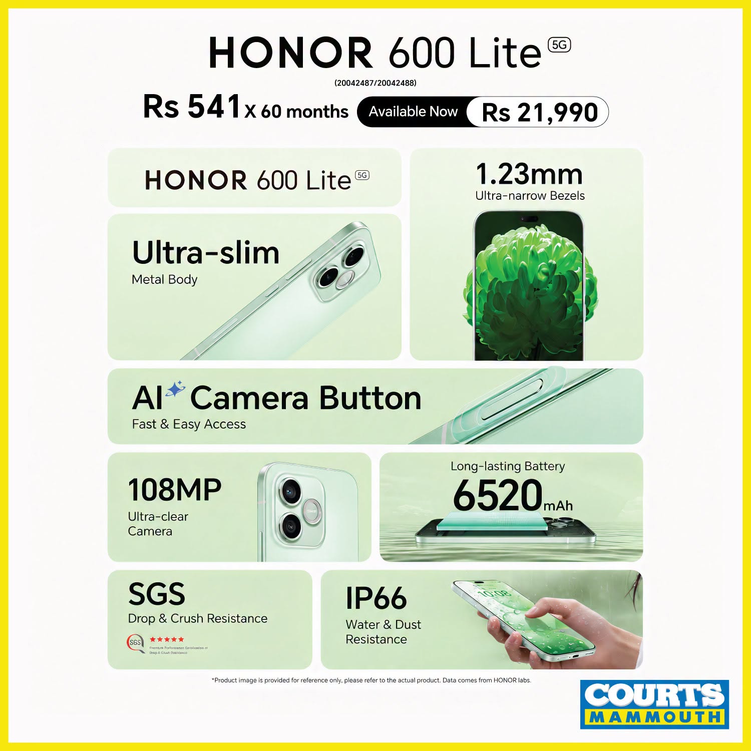May be an image of text that says "HONOR 600 Lite 5G (20042457/200424B3 Rs 541 60 months Available Now Rs 21,990 HONOR 600 Lite 1.23mm mm Ultra- Ultra-narr narrow Bezels Ultra-slim Metal Body AI+ Camera Button Fast & F Fasy Access 108MP clear Camera Lo...