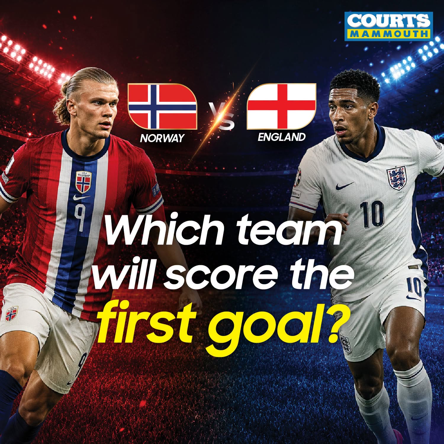 May be an image of American football, football and text that says "COURTS MAMMOUTH 土十 ENGLAND NORWAY 十 文ド Which team 10 will score the first goal?"