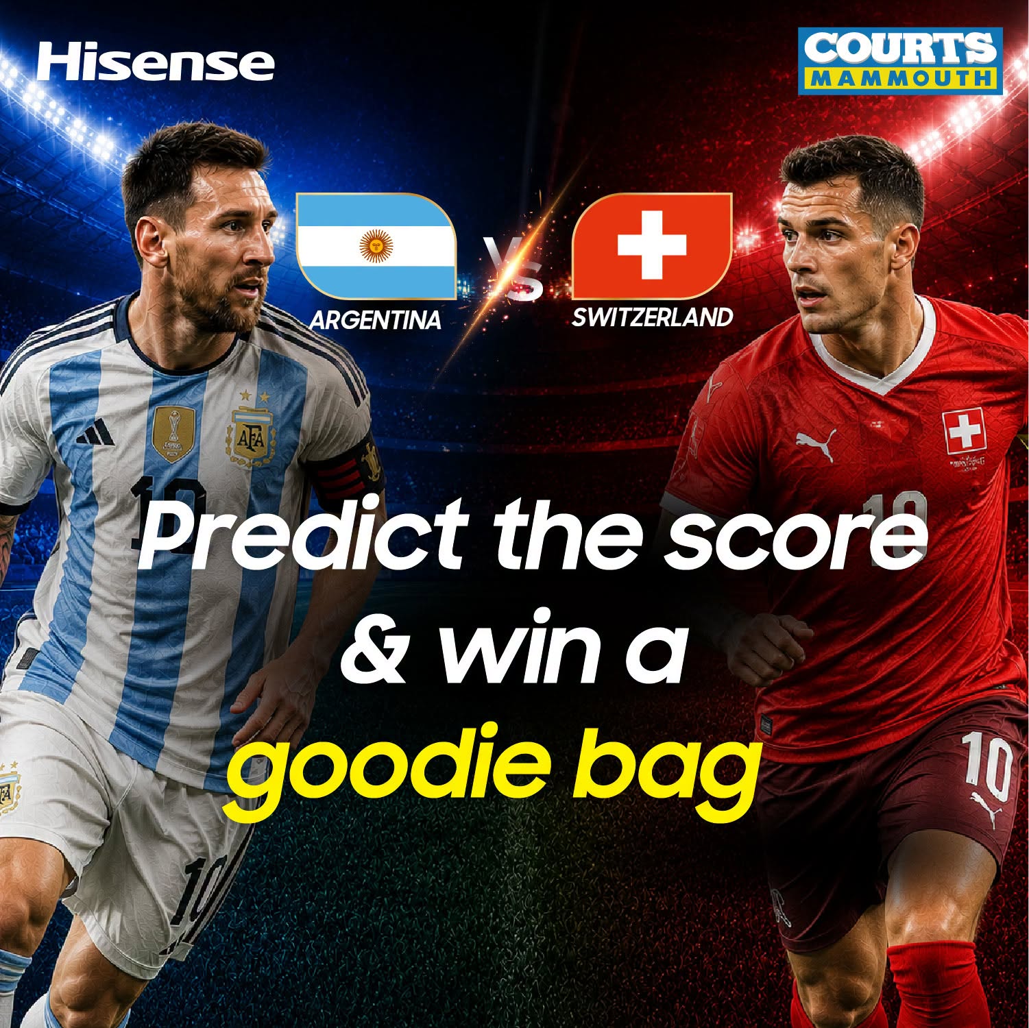 May be an image of American football, football and text that says "Hisense COURTS MAMMOUTH ARGENTINA + SWITZERLAND Predict the score & win a goodie bag 10"