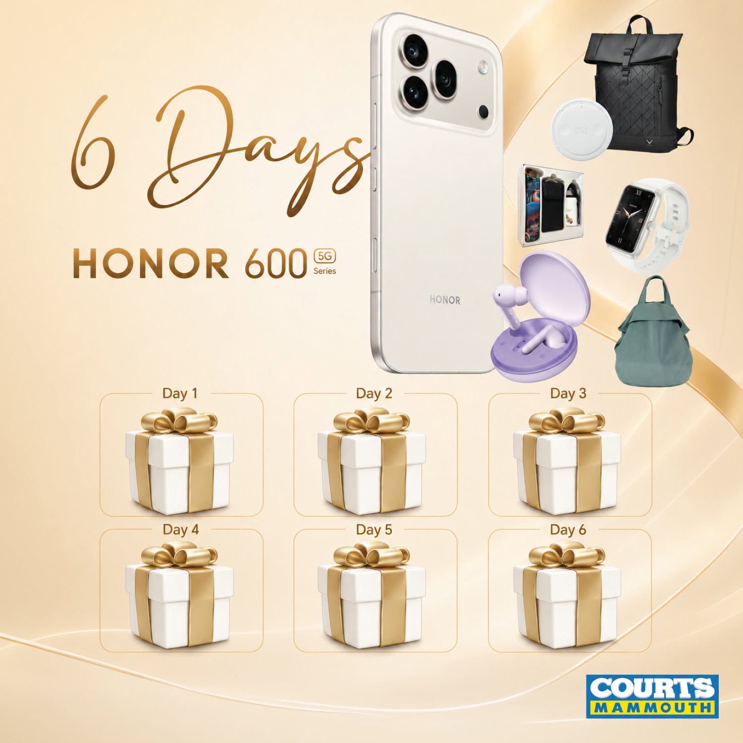 May be an image of phone and text that says "6 Days HONOR 600 5G Series HONOR Day 1 Day 2 Day 3 3 Day Day4 4 Day 5 Day 6 6 COURTS ΜΑΜΜΟυTΗ"