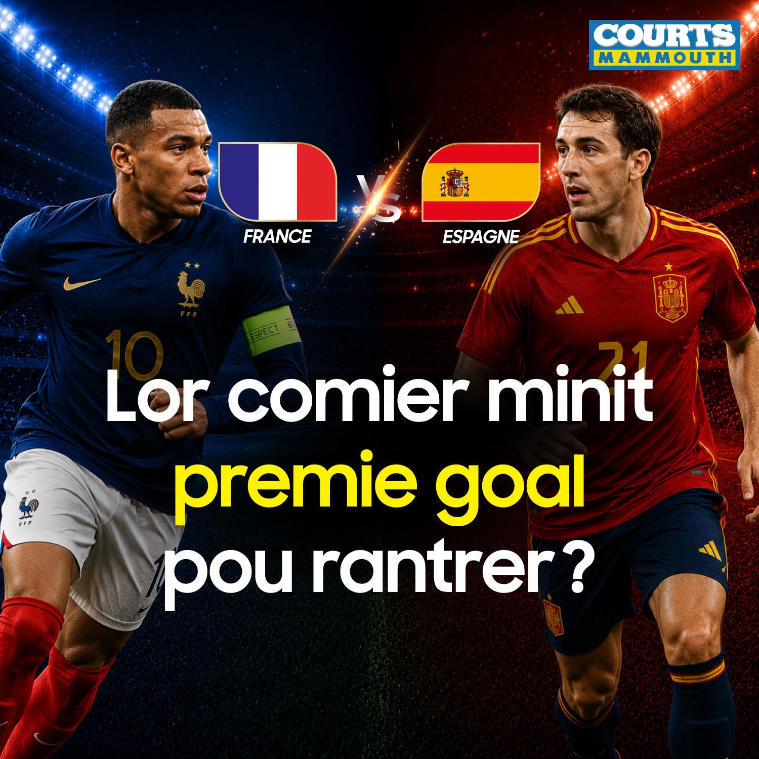 May be an image of American football and text that says "COURTS MAMMOUTH ម្នាកច FRANCE ESPAGNE Lor comier minit premie goal pou rantrer?"