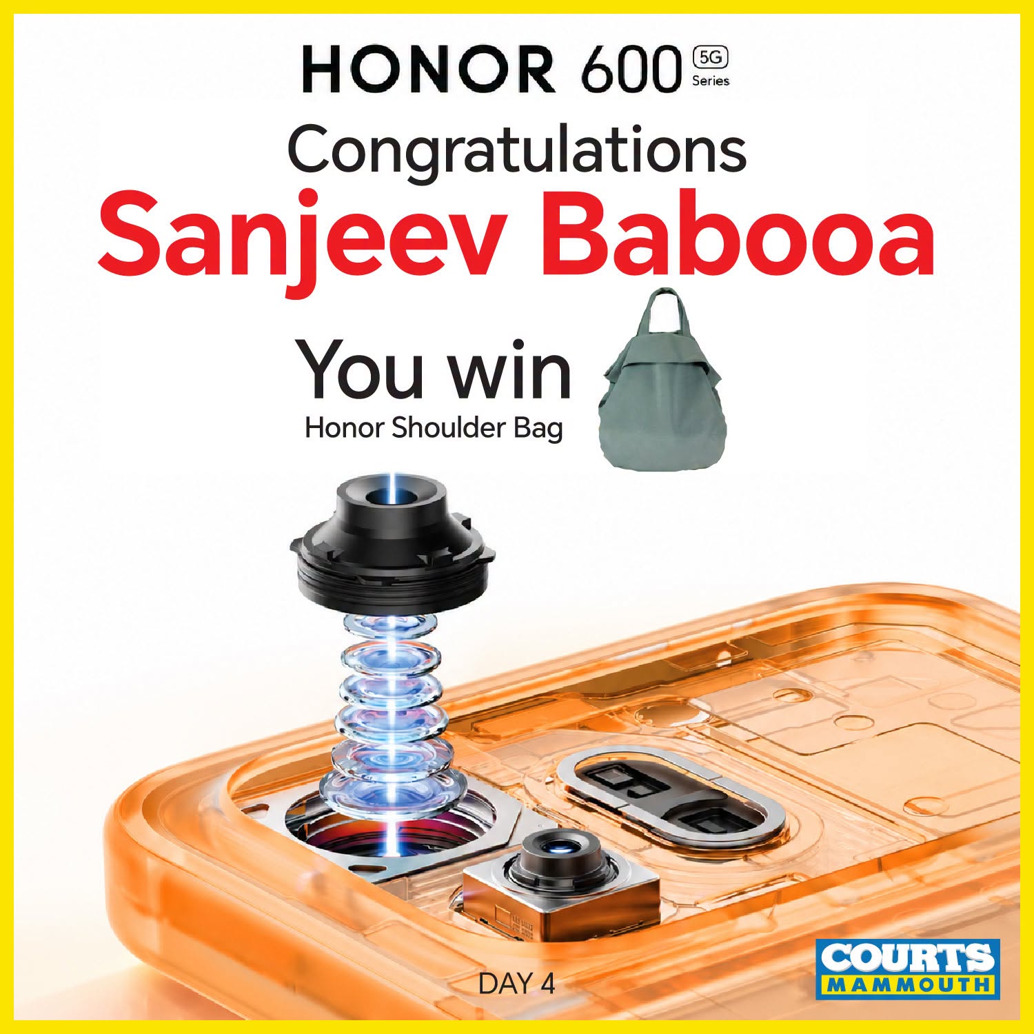 May be an image of text that says "HONOR 600 5G Series Congratulations Congratulatior Sanjeev Babooa You win Honor Shoulder Bag DAY4 4 COURTS MAMMOUTH"