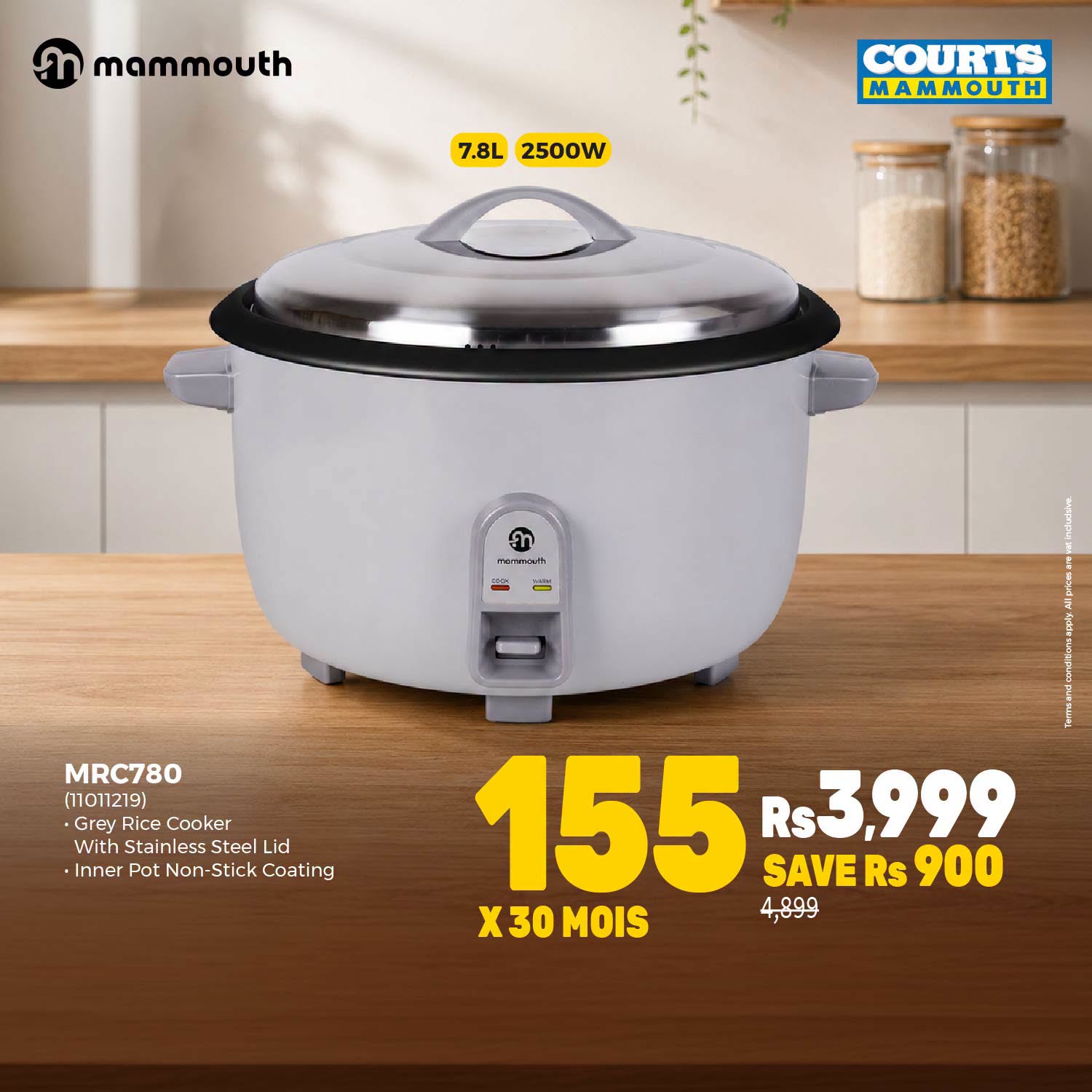 May be an image of ‎slow cooker and ‎text that says "‎mammouth 7.8L2500W 7.8L 2500W COURTS MAMMOUTH ดา การถกเอย eEmONT MRC780 (11011219) Grey Rice Cooker With Stainless Steel WithStainlesssteclLid Lid ·Inner Pot Non-Stick ·I...