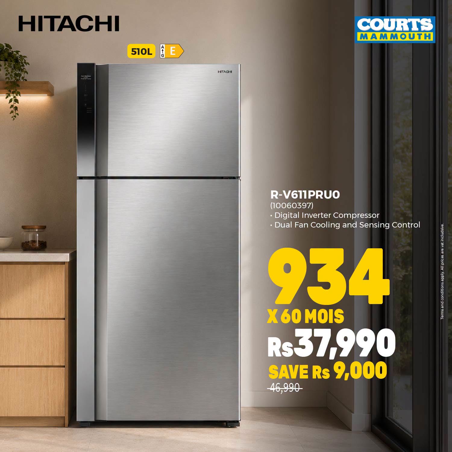 May be an image of water heater and text that says "HITACHI 570L E HTи3- COURTS MAMMOUTH R-V611PRUO (10060397) 397) •Digital Inverter Compressor •Dual Fan Cooling and ·DualFanColingandiSsensingControl Se ensing Control 934 X60MOIS X60 MOIS Rs Rs3...