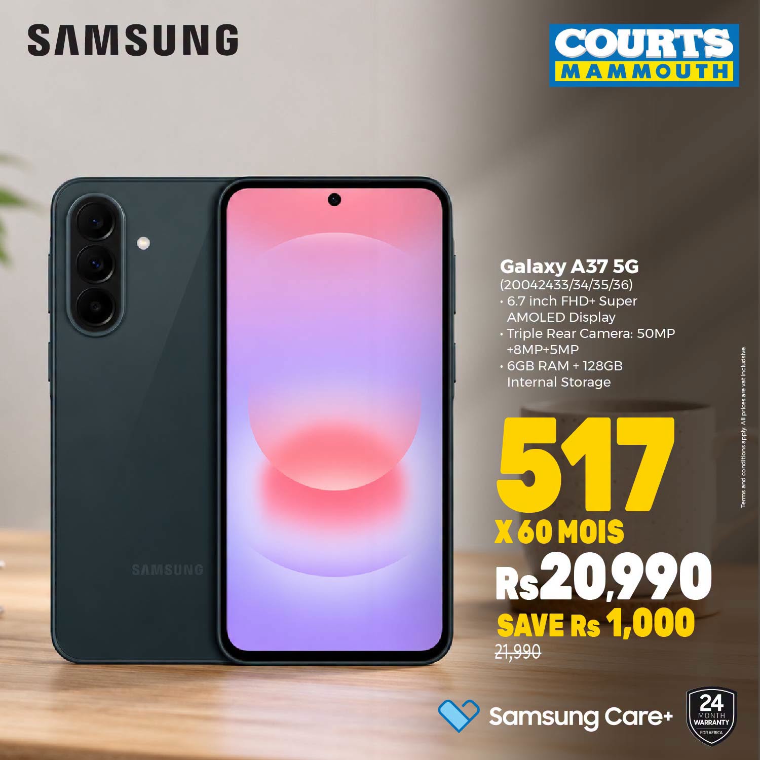 May be an image of ‎phone and ‎text that says "‎SAMSUNG COURTS MAMMOUTH MOUTH Galaxy GalaxyA375G A37 5G (20042433/ (20042433/34/35/36) 6.7inchFHD+Super 6.7inch FHD+ Super IripleRcarcamgr:50MP AMOLED Display Rear Camera: 50MP +8MP+ +8MP+5MP 5MP -6...