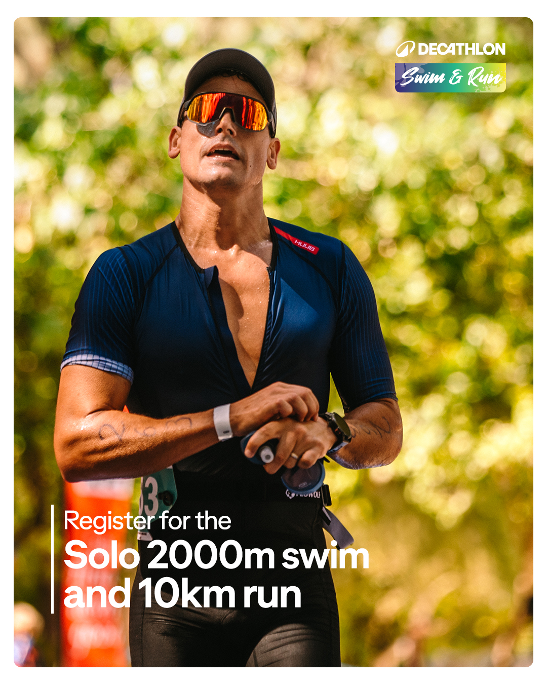 May be an image of swimming and text that says "ጠ DECATHLON Swim & Run 税民版は ยาวัน Register for Registerforthe the the Solo 2000r m swim and 10km run"