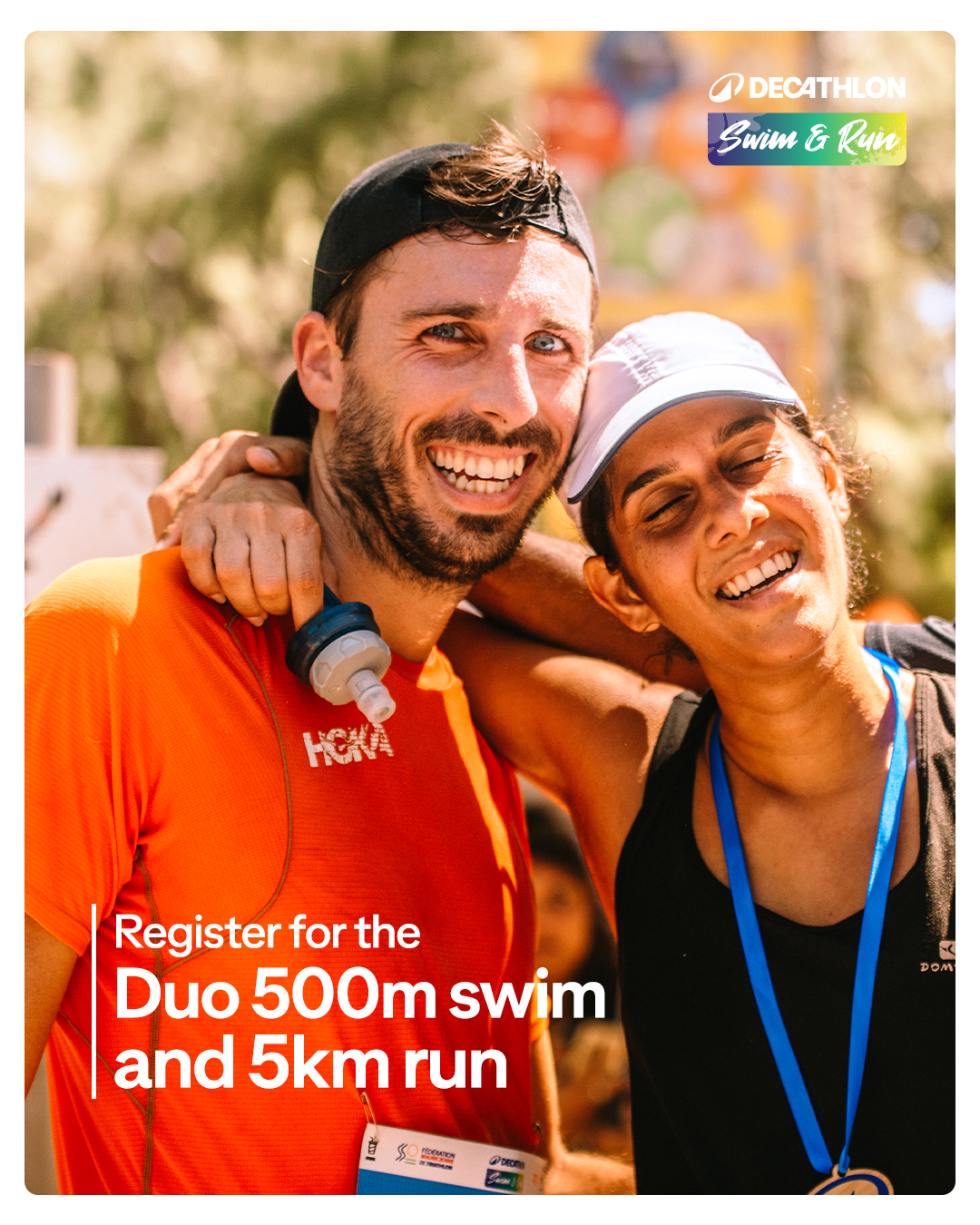 May be an image of one or more people, people swimming and text that says "の DECATHLON Swim & P HCKA Register for the Duo 500m swim and 5km run"