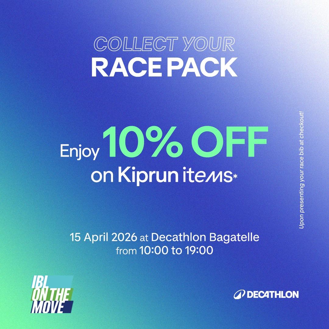 May be an image of text that says "COLLECT YOUR RACE RACEPACK PACK Penered Jou nan E Enjoy 10% 10%OFF OFF ศ 6 ខញី on Kiprun iteMs* Dorenan bong 15 April 2026 at Decathlon Bagatelle from 10:00 to 19：00 IBL ONTHE ΜΟνε DECATHLON"