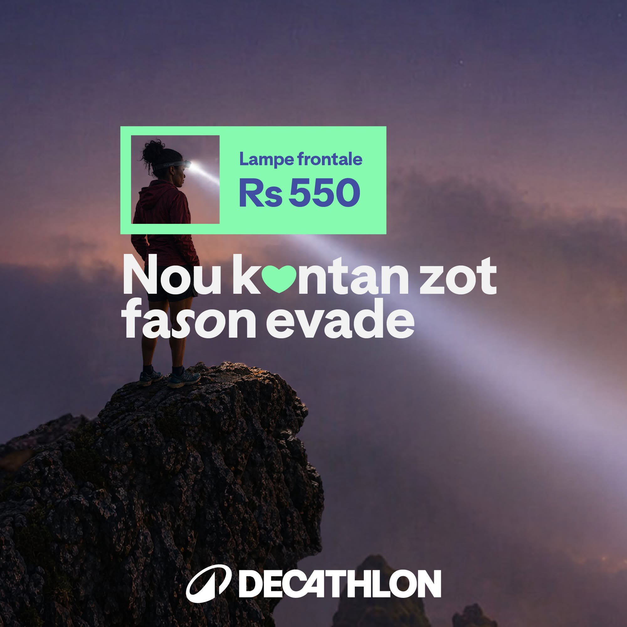 May be an image of text that says "Lampefrontale Lampe frontale Rs550 Rs 550 Nou ko kontan zot fason evade ်ရှက o DECATHLON"