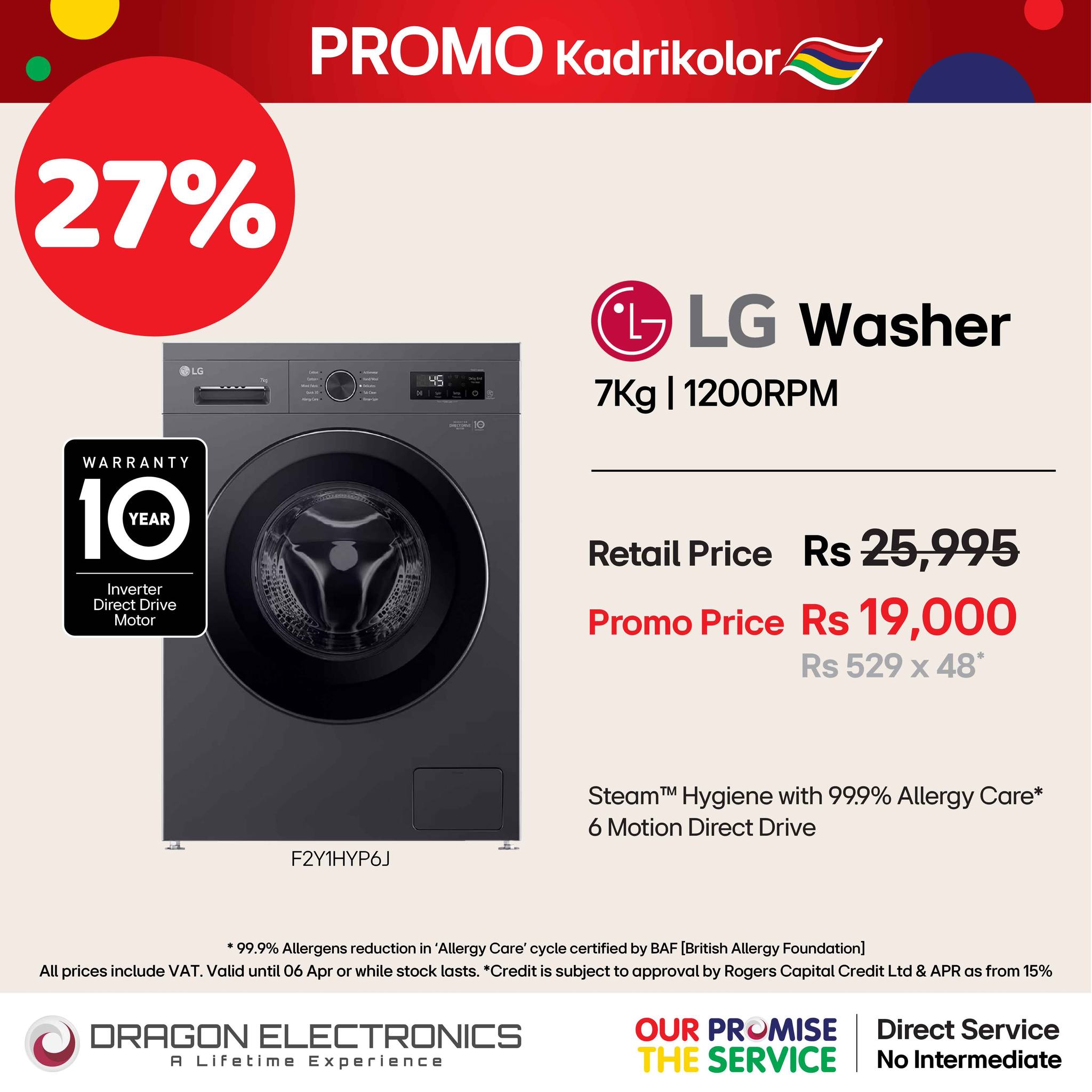 May be an image of ‎water heater and ‎text that says "‎PROMO Kadrikolor 27% OLC WARRANTY حا LG Washer 7Kg 1200RPM YEAR wert erter Direct Orive Motor Retail Price Rs 25,995 Promo Price Rs 19,000 Rs 529 48 F2Y1HYP6J Steam" TMi Hygiene with 99.9% ...