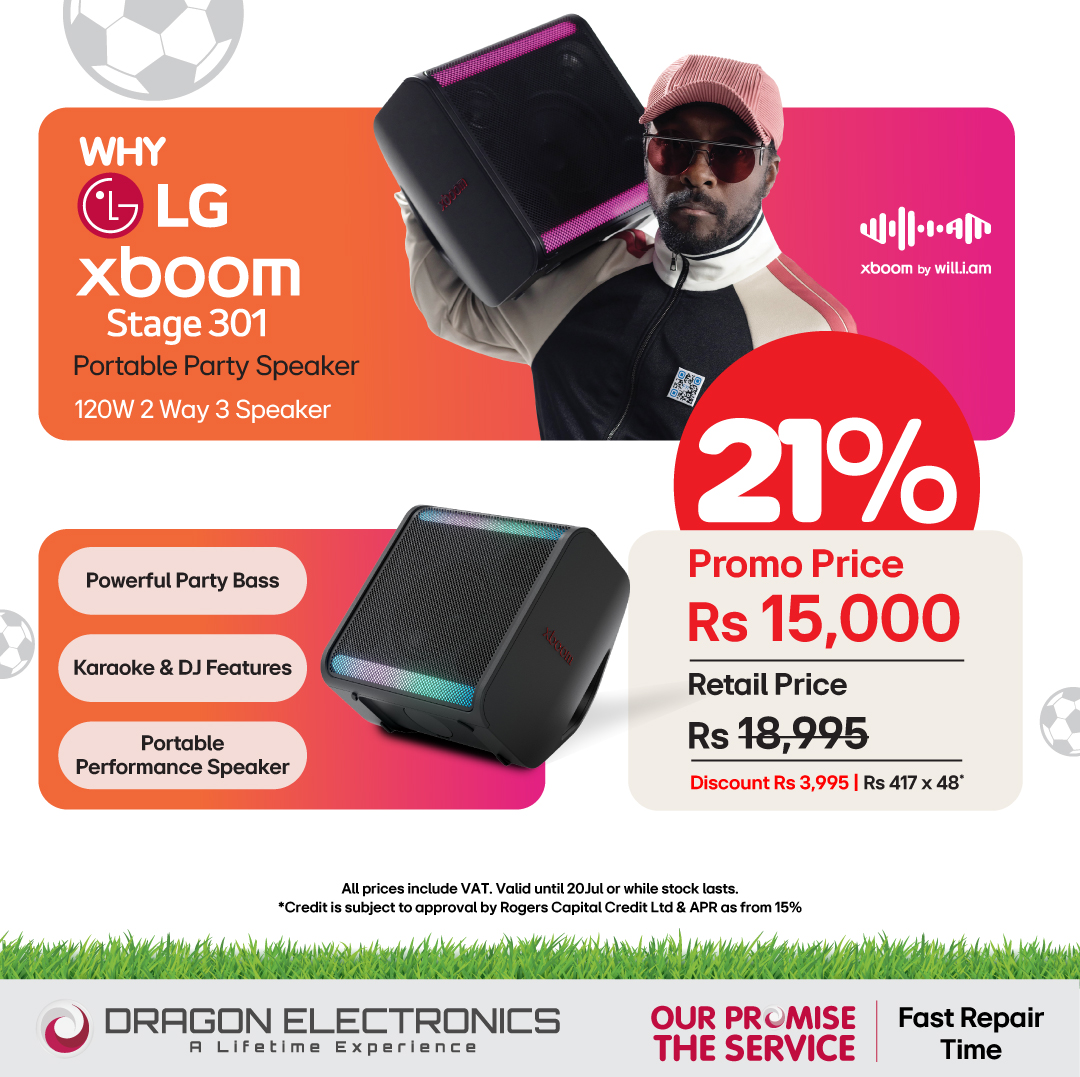 May be an image of speaker and text that says "WHY LG xboom Stage 301 Portable Party Speaker 120W 2 Way 3 Speaker ዛተልሎ xboom will.i.am Powerful Party Bass គណបកបសណកណ្ណប្រាជកម្ពុ Karaoke & DJ Features Por...