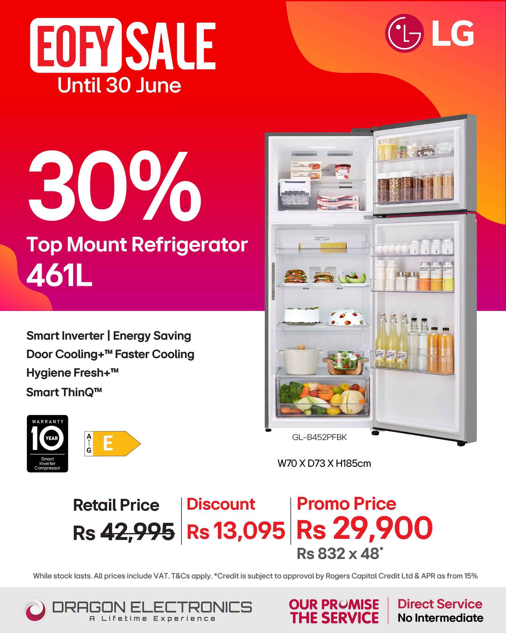 May be an image of ‎text that says "‎EOFY SALE Until 30 June LG 30% Top Mount Refrigerator 461L ㅋ체대제품닉 Smart Inverter Energy Saving Door Cooling+™ Faster Cooling Hygiene Fresh+™ Smart ThinQ™ E איאו.ה Cirpeee GL-B452PFBK GL W7...