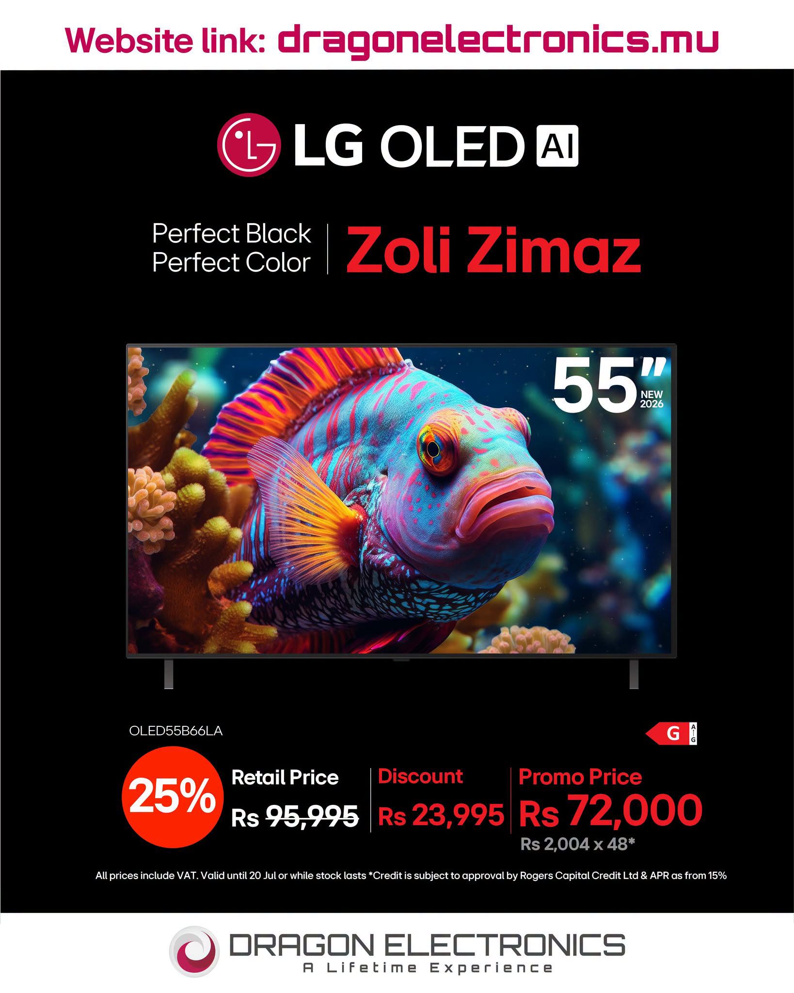 May be an image of text that says "Website link: dragonelectronics.mu LG OLED AI Perfect PerfectBlack Black Perfect Color Zoli Zimaz 55 2026 NEW OL ED55B66l A G 25% Retail Price Discount Promo Price Rs 95,995 Rs 23,995 Rs 72,000 Rs Rs2,004x48* 2,004x A...