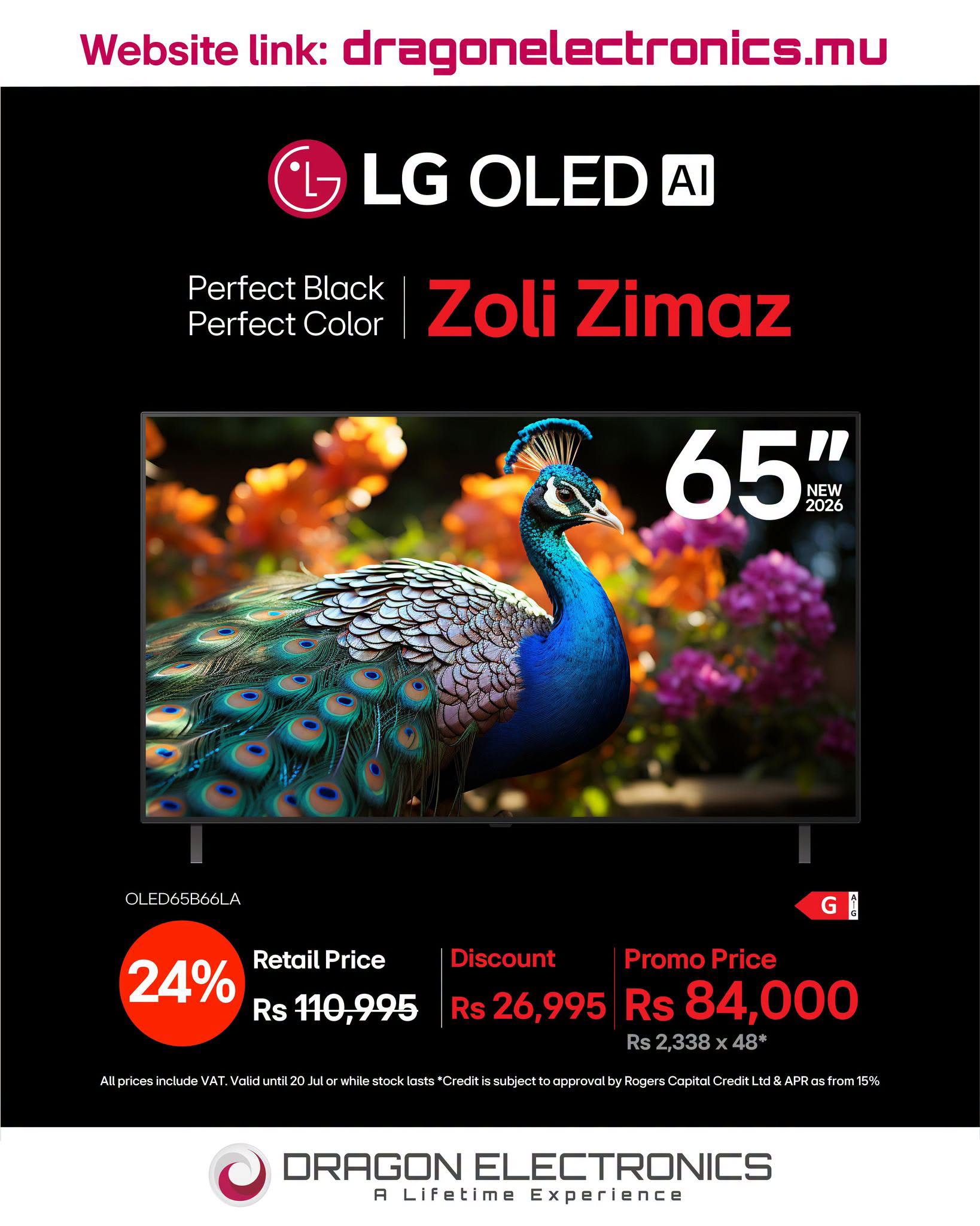 May be an image of text that says "Website link: dragonelectronics.m LG OLED Perfect PerfectBlack Black Perfect Color Zoli Zimaz 65" " NEW 2026 O L.FDX65R66LA A 24% Retail Price Rs 110,995 G Discount Promo Price Rs 26,995 Rs 84,000 Rs 2,338 48° htttww...