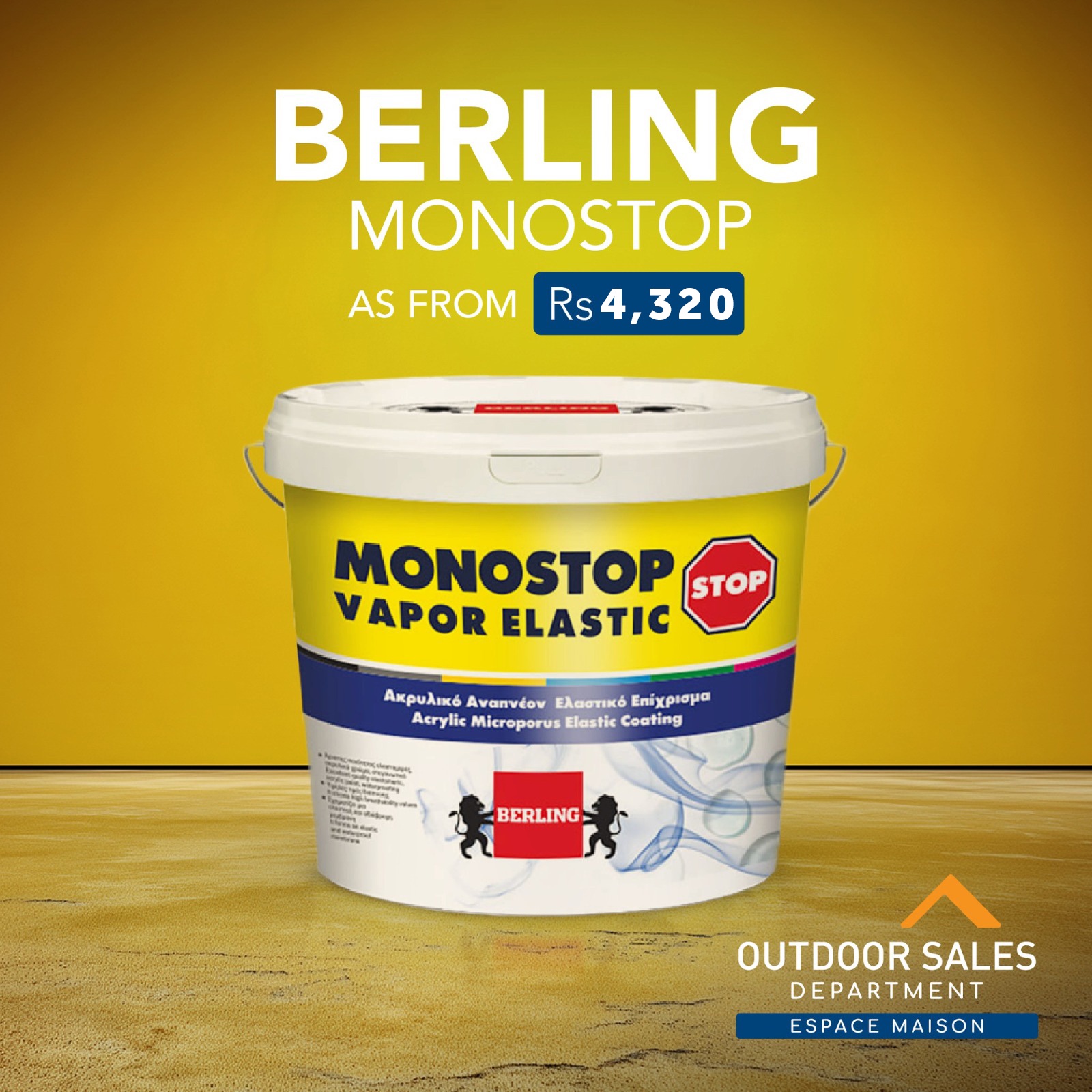 May be an image of text that says "BERLING MONOSTOP AS FROM Rs4 Rs4,320 32 MONOSTOP STOP VAPOR ELASTIC λΑρληύ.πιι Ακρυλικώ Αναπνέον Ελαστικό Επίχρισμα Acrylic Microporus AtrylkMiereporvuEastk.Caefin Elastic Coa...