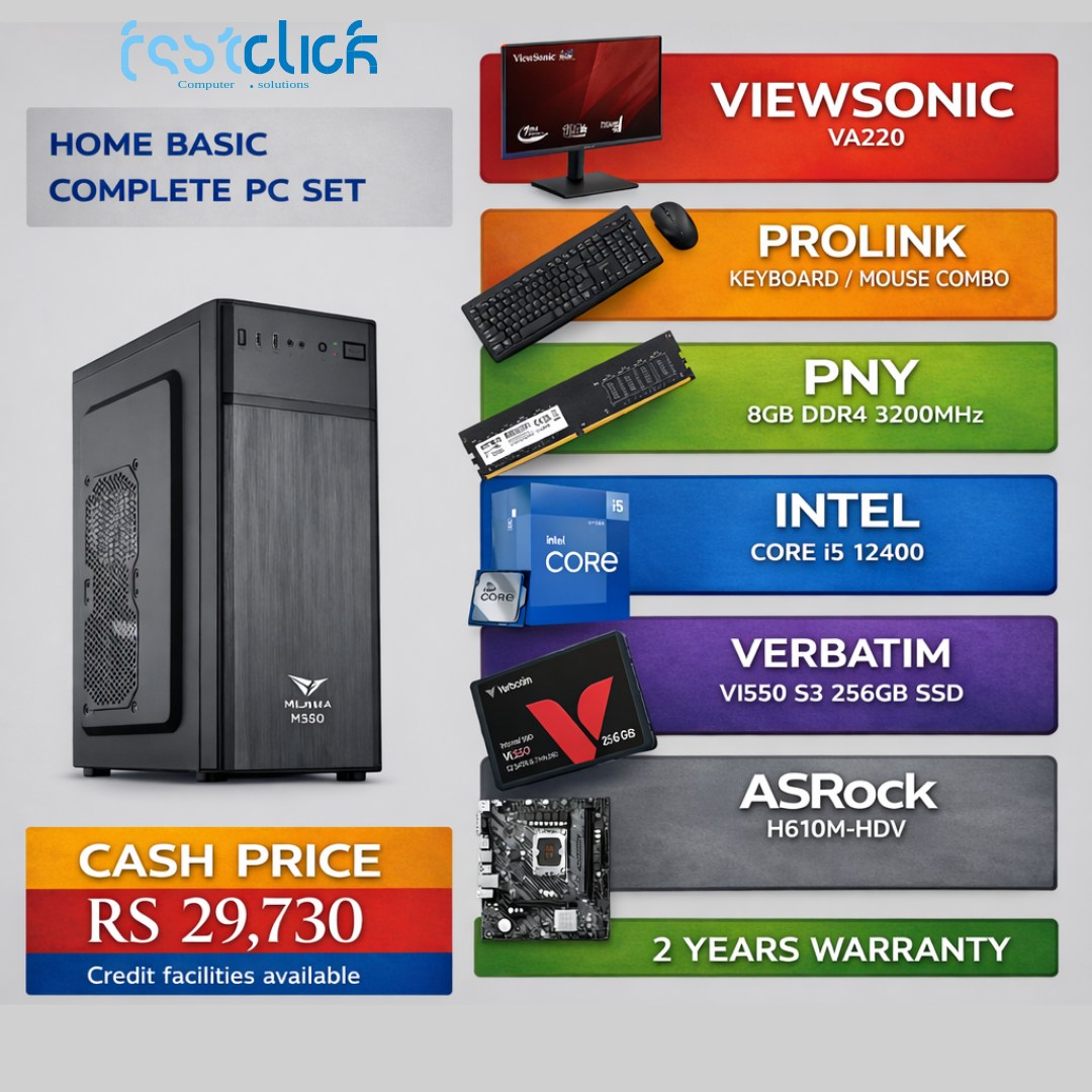 May be an image of text that says "isstclicé -snlintices Competer HOME BASIC COMPLETE PC SET VIEWSONIC VA220 PROLINK KEYBOARD MOUSE COMBO .屋 일한 PNY 8GB DDR4 3200MHz Pial PW CORE CORO INTEL CORE i5 12400 M.ЛиA M550 เขชับตก 256GB V...