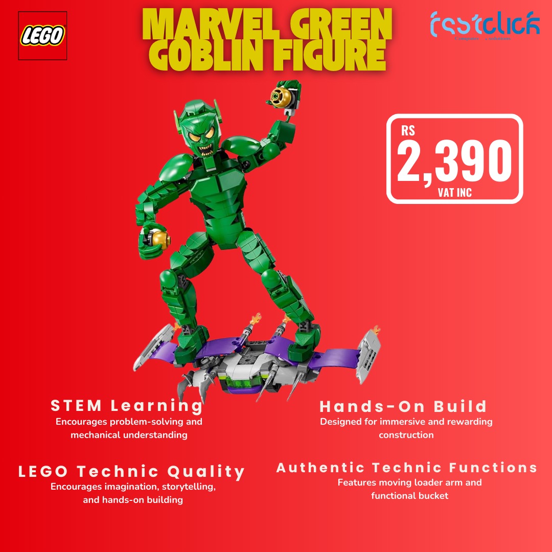 May be an image of toy and text that says "LEGO MARVEL MARVELGREEN GREEN GOBLIN GOBLINFIGURE FIGURE ค RS 2,390 VAT VATINC INC STEM Learning Encourages problem- Encouragesproblem-solvingan -solving and mechanical understanding Hands-On Build Designed ...