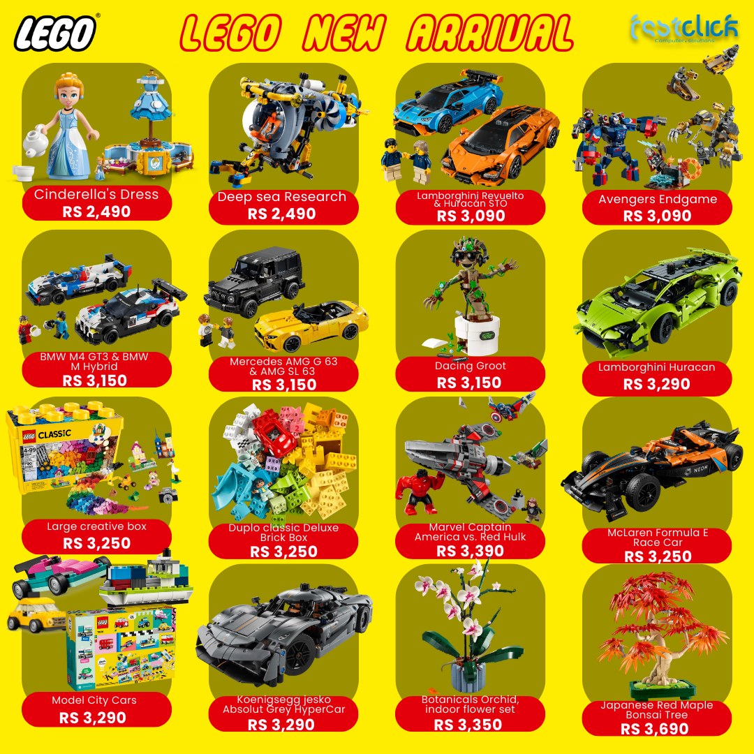 May be an image of toy and text that says "LEGO LEGO ARRIVAL (sstelicé Cinderella's Dress RS2,490 Deep sea Research ch RS 2,490 ambarghninsyuato RS s3,090 Avengers Endgame RS 3,090 BMW RS 3,150 Mercedes es6 RS3,150 RS CLASSIC Dacing Groot RS 3,150 Lam...