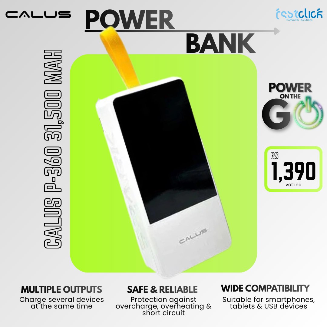 May be an image of text that says "CALUS POWER BANK 0 4иИ POWER G GO ON THE MAH 31,500 USP-36031,500 31 P-360 CALUS RS 1,390 vat vatinc inc CALLB CALUS MULTIPLEOUTPUTS MULTIPLE OUTPUTS Charge several devices at the same time SAFE SAFE&RELIABLE & RELI...
