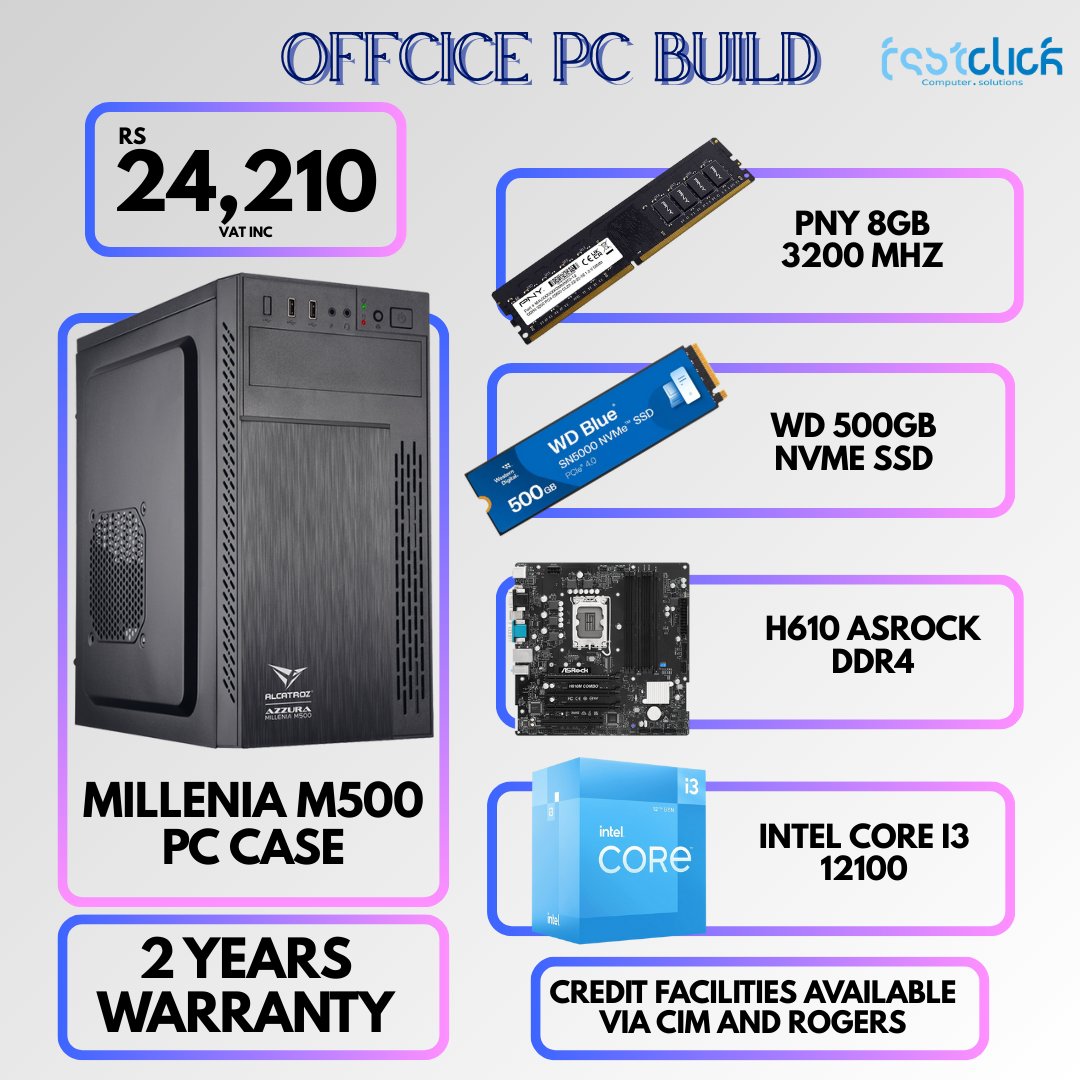 May be an image of text that says "OFFCICE PC BUILD 24,210 210 RS VATIN INC Esstclics Compoter. rampotet.sekdins sedidioons JG PNY 8GB 3200 MHZ Blue SSo WD SNSOR ေေ SHAO MA KOCM 0 500oh WD 500GB NVME SSD 스리복송 H610 ASROCK DDR4 MILLENIA M500 ...