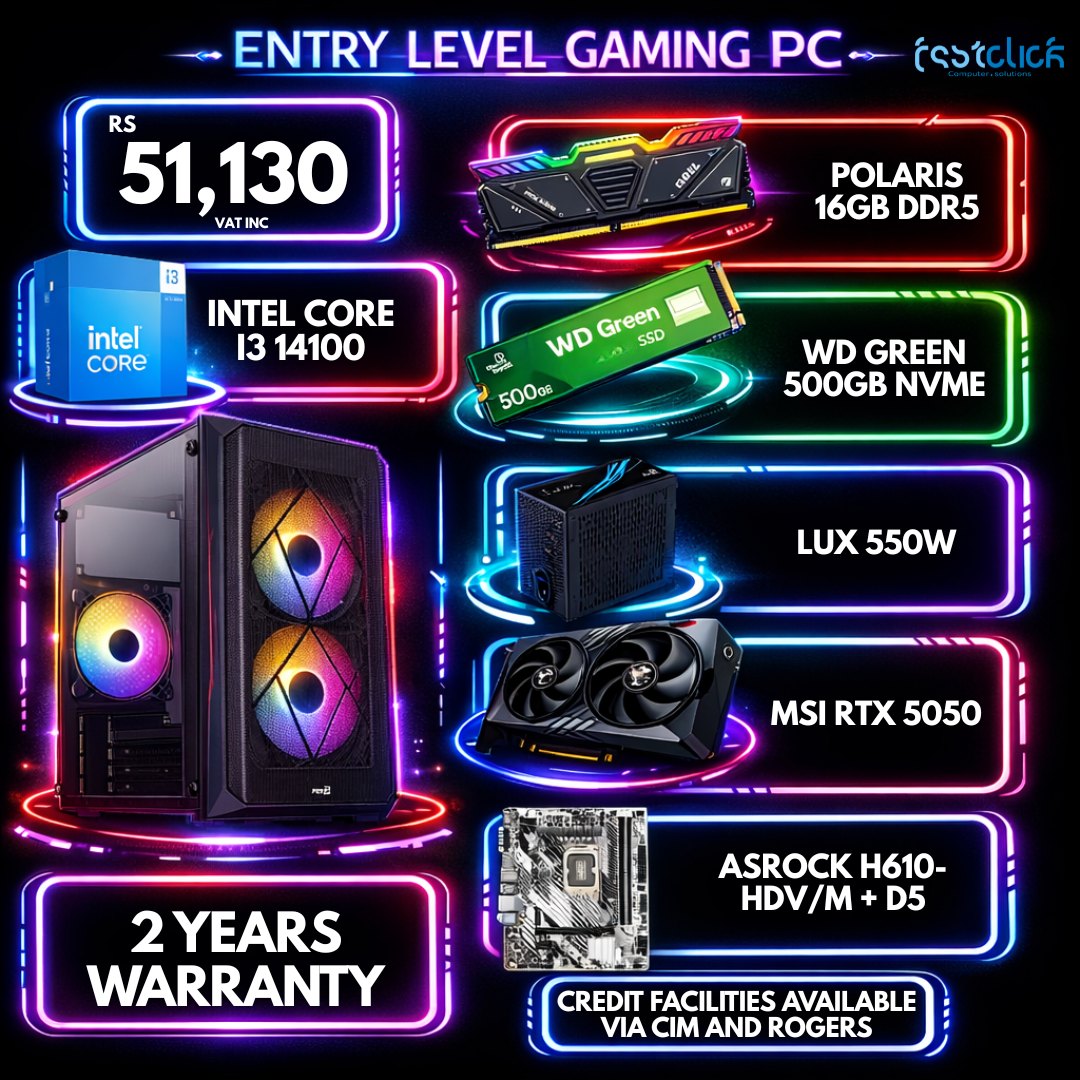 May be an image of text that says "ENTRY LEVEL GAMING PC- RS 51,130 νΑ INC ส i3 红o起 intel CORE POLARIS 16GB DDR5 INTEL CORE 13 14100 Green SSD မး WD 500GB WD GREEN 500GB NVME LUX 550W N료 MSI RTX 5050 0 2 YEARS WARRANTY ASROCK H610- HDV/M ...